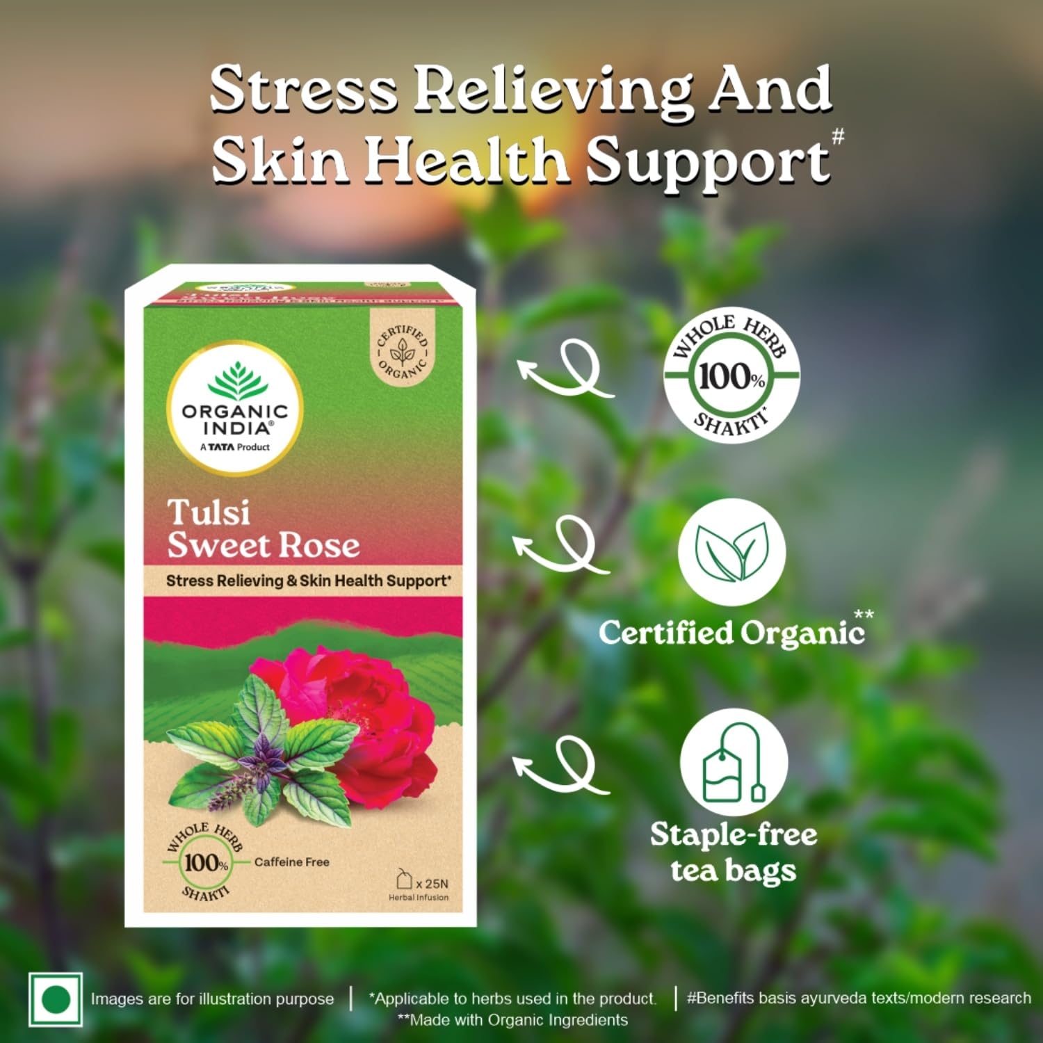 A TATA Product - Organic India Tulsi Sweet Rose - 25 Tea Bags, Stress Relieving, Supports Radiant Skin, Rich in Antioxidants, Made with Tulsi, Chamomile, and Rose Certified Organic – view 3