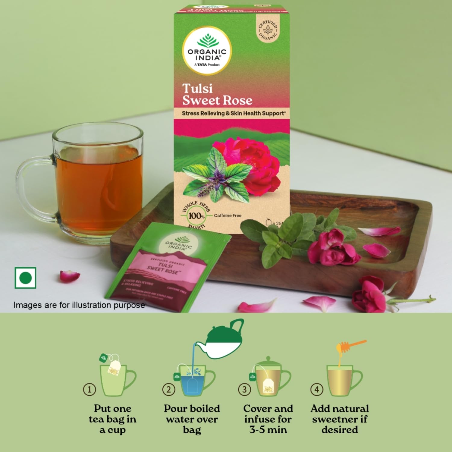 A TATA Product - Organic India Tulsi Sweet Rose - 25 Tea Bags, Stress Relieving, Supports Radiant Skin, Rich in Antioxidants, Made with Tulsi, Chamomile, and Rose Certified Organic – view 5