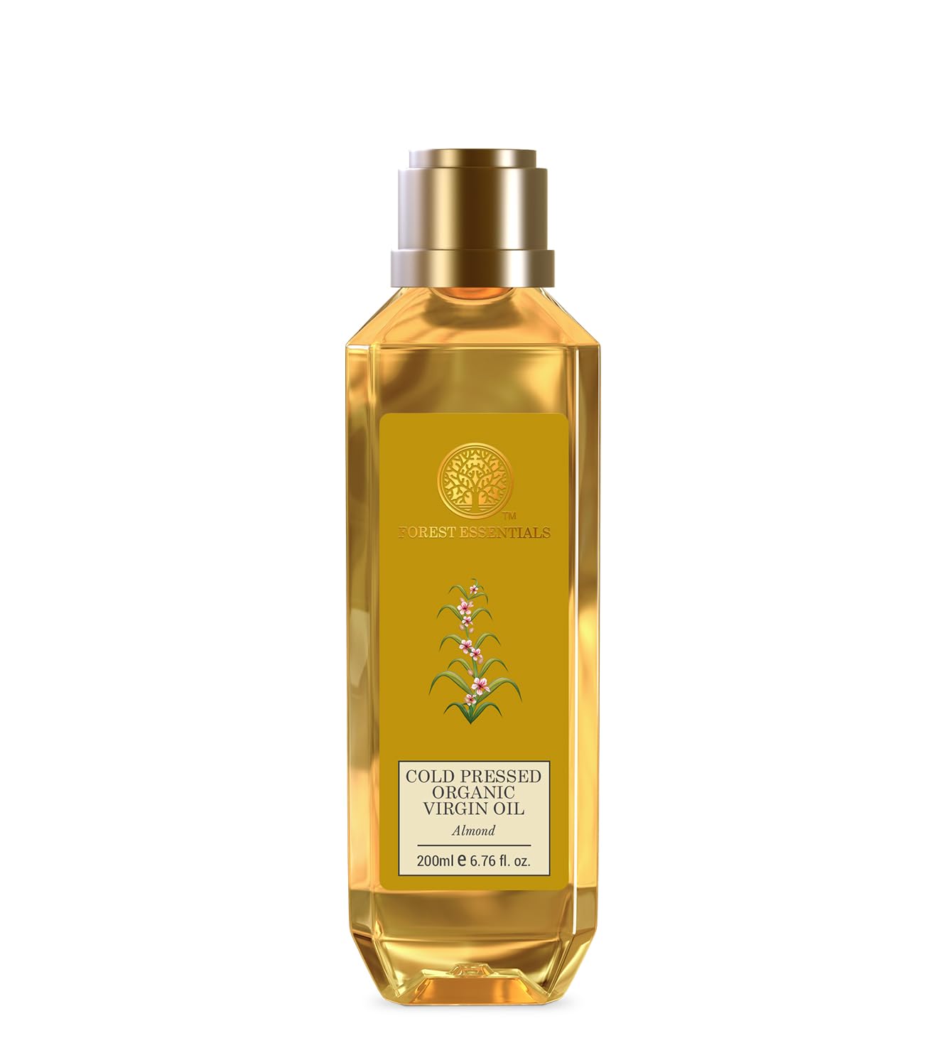 Forest Essentials organic almond oil bottle for scalp, body, and hair care