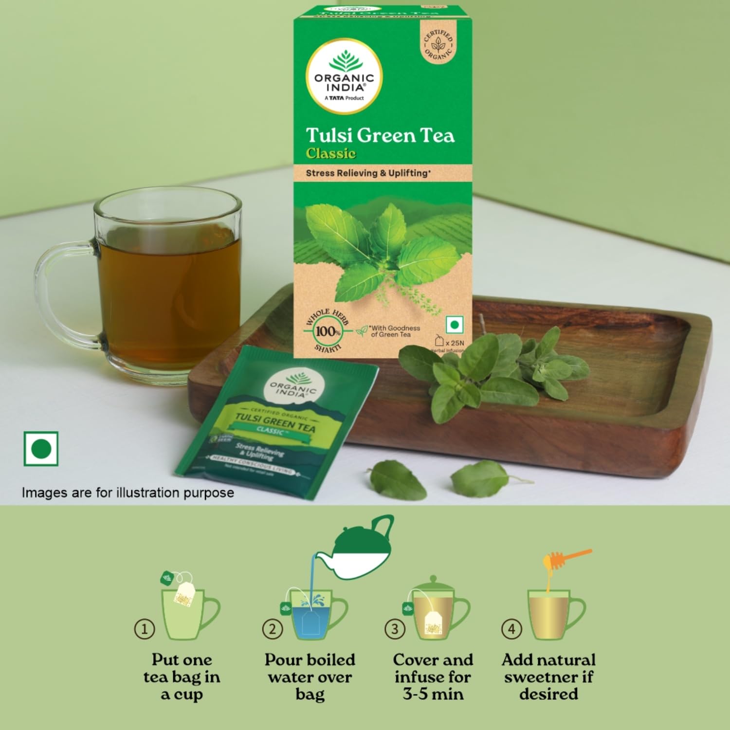 A TATA Product - Organic India Tulsi Green Tea Classic - 25 Tea Bags, Uplifts Mood, Rich in Antioxidants, Blend of Rama, Krishna & Vana Tulsi, Certified Organic – view 5