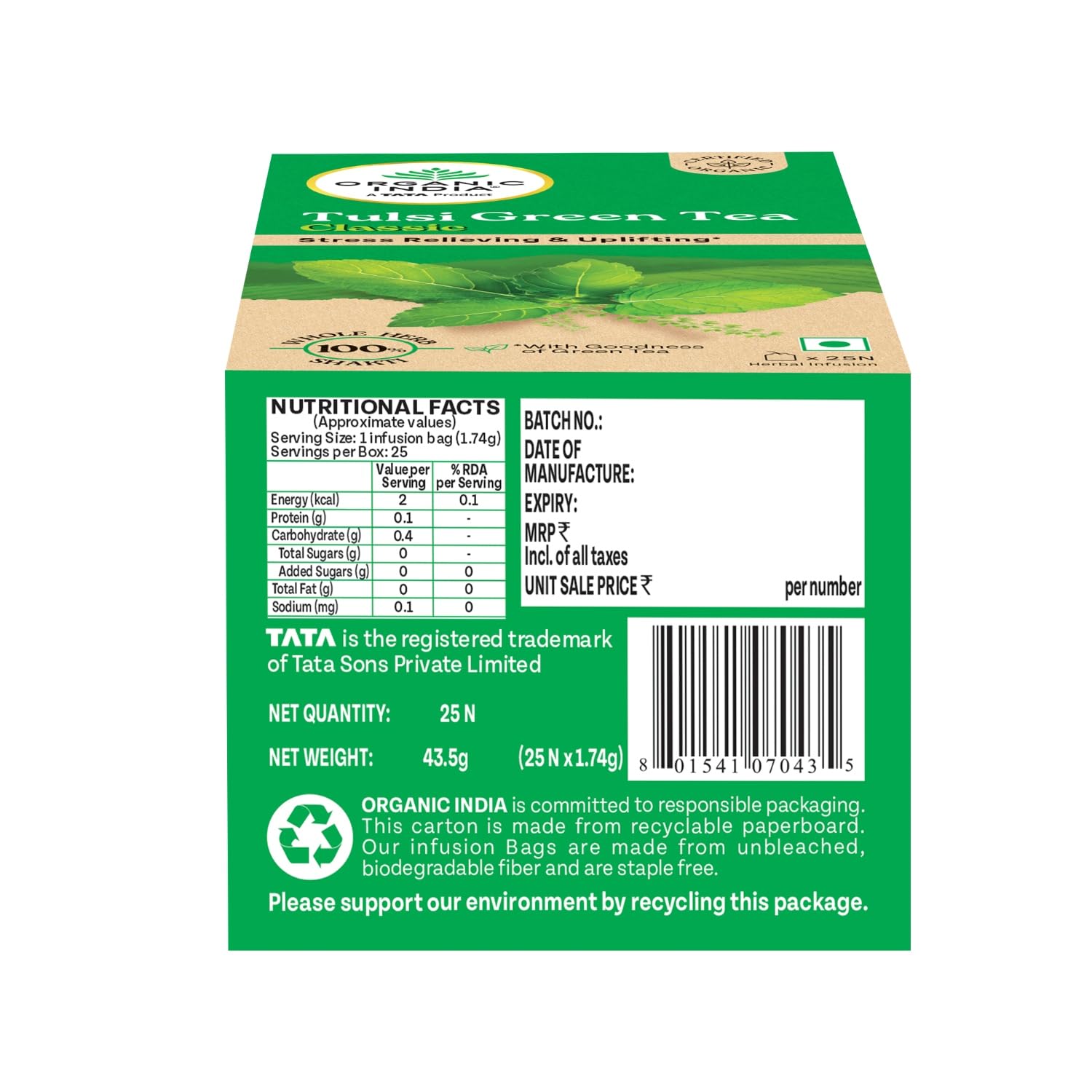 A TATA Product - Organic India Tulsi Green Tea Classic - 25 Tea Bags, Uplifts Mood, Rich in Antioxidants, Blend of Rama, Krishna & Vana Tulsi, Certified Organic – view 6