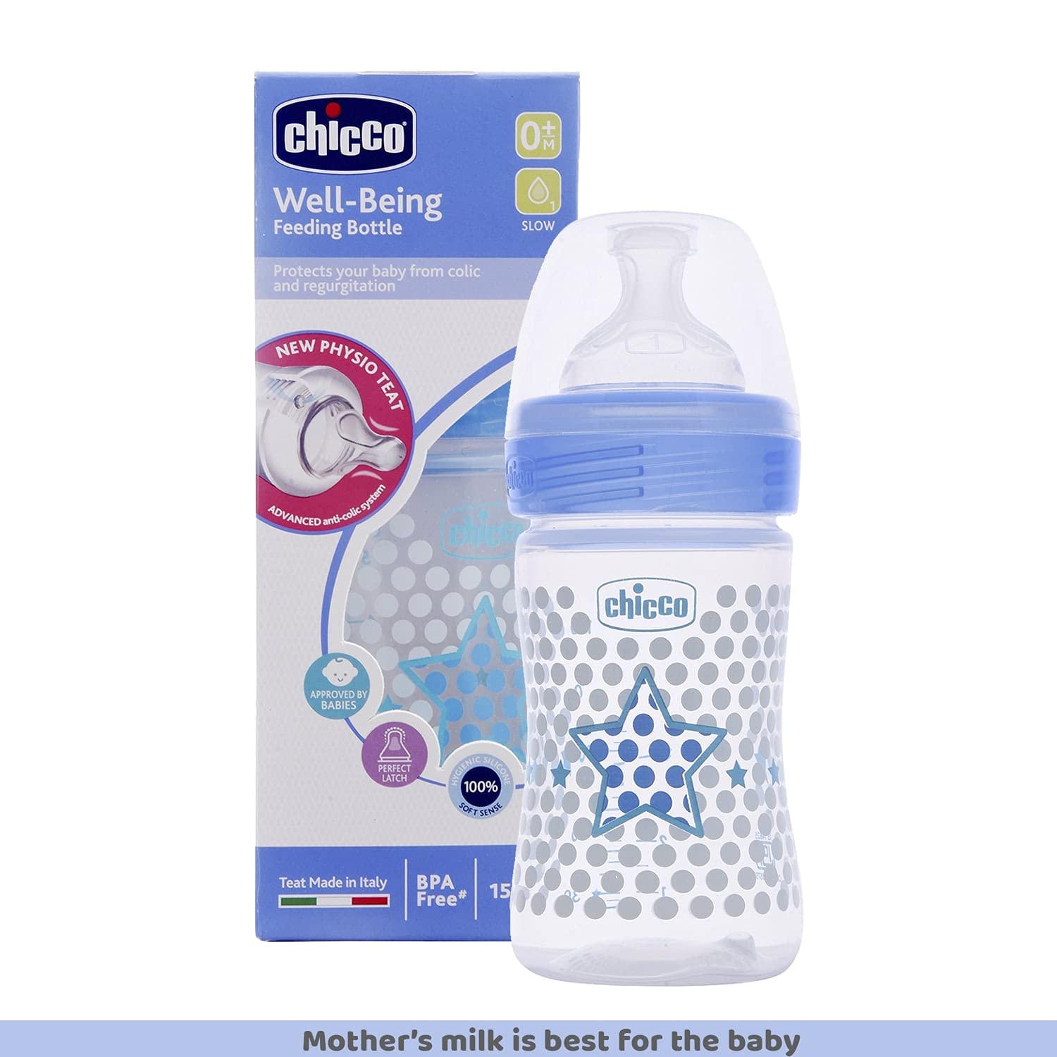 Chicco Well-Being 150 ml Feeding Plastic Bottle, Advanced Anti-Colic System, BPA Free, Hygienic Silicone Teat (Blue) – view 2