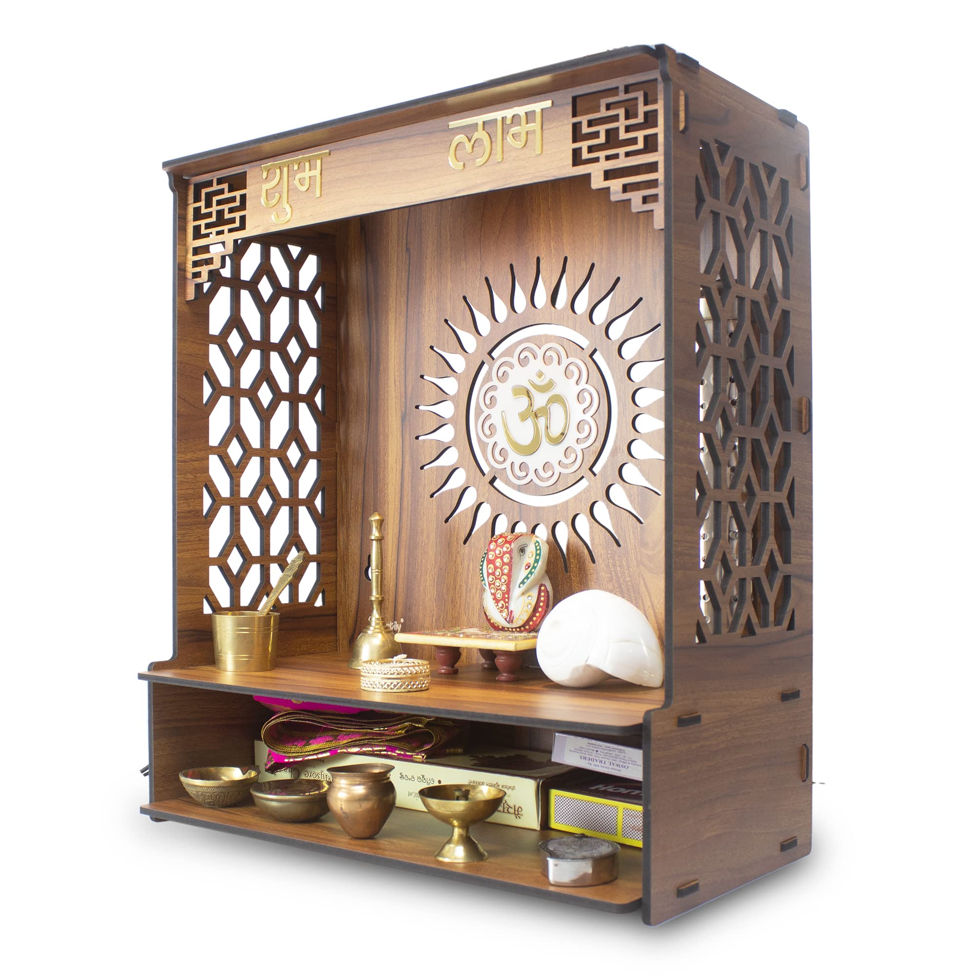Heartily PAVITR Beautiful Wooden Pooja Mandir for Home Temple for Home and Office Pooja Stand Modern Puja Mandir for Home Wall with LED Spot Light Size (18, L- 16, W-8.75 Inch)