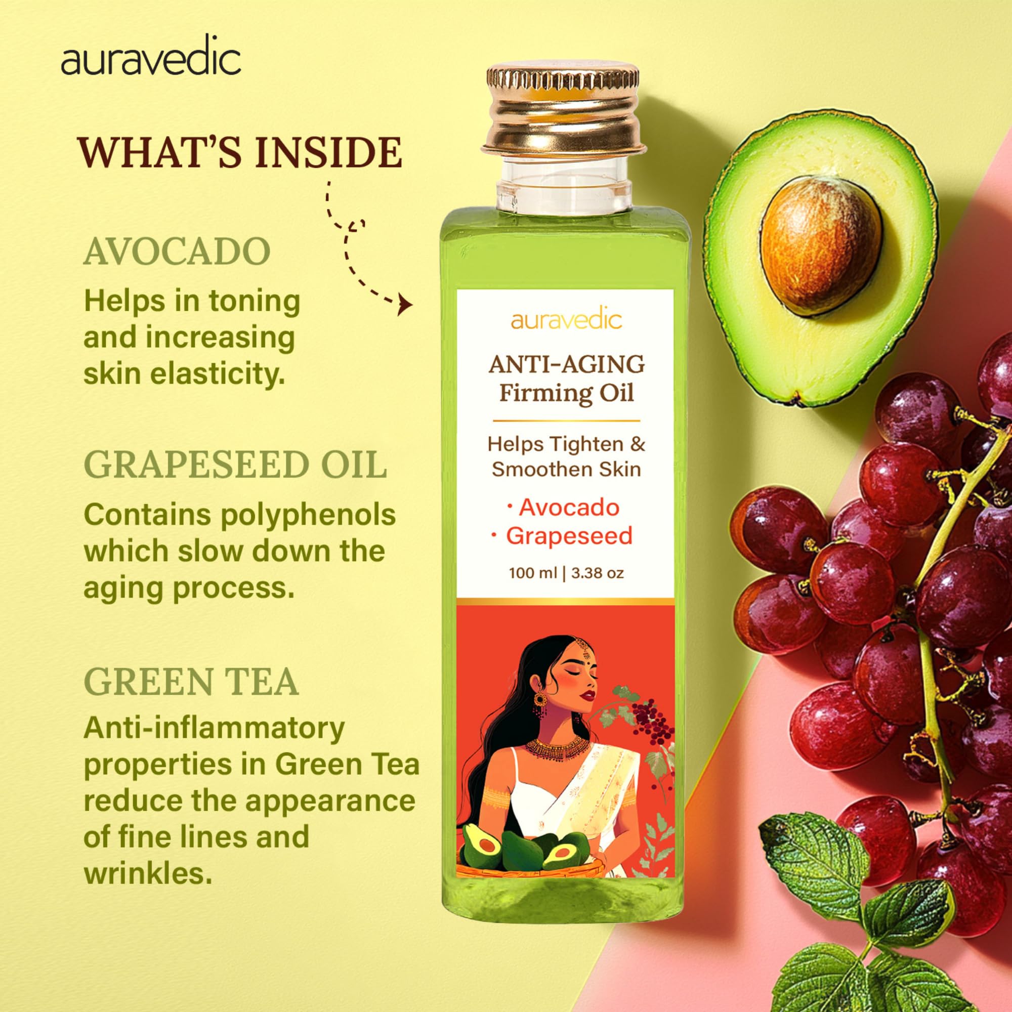 Auravedic Avocado Oil Grapeseed Oil firming body oil after bath for daily use 100 ml body oil for glowing skin anti aging face body massage oil for full body anti aging serum oil – view 5