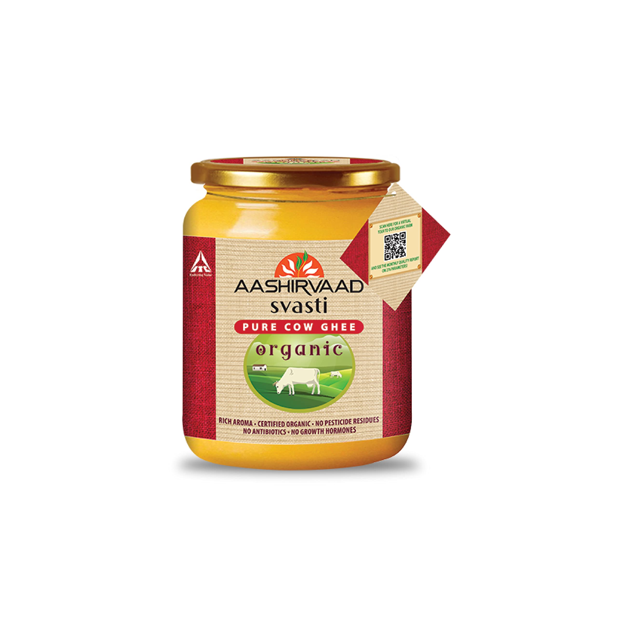 Front pack of Aashirvaad Svasti organic cow ghee 500 ml