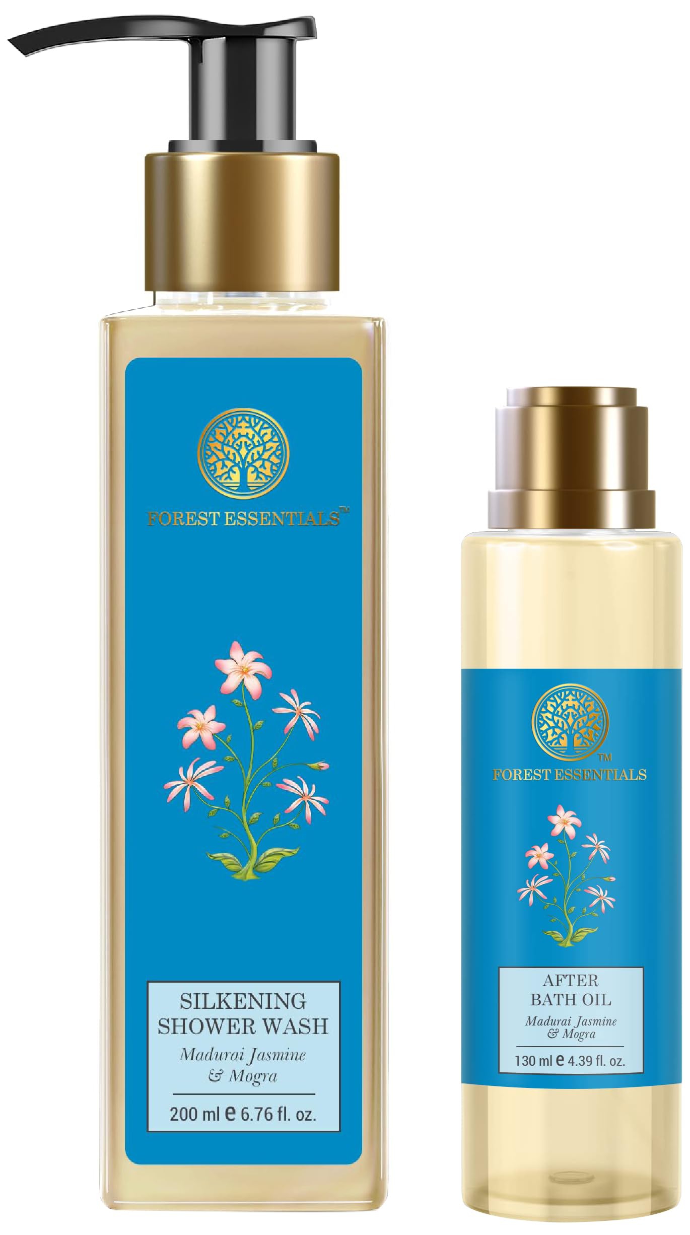 Forest Essentials jasmine and mogra after bath oil shower wash combo