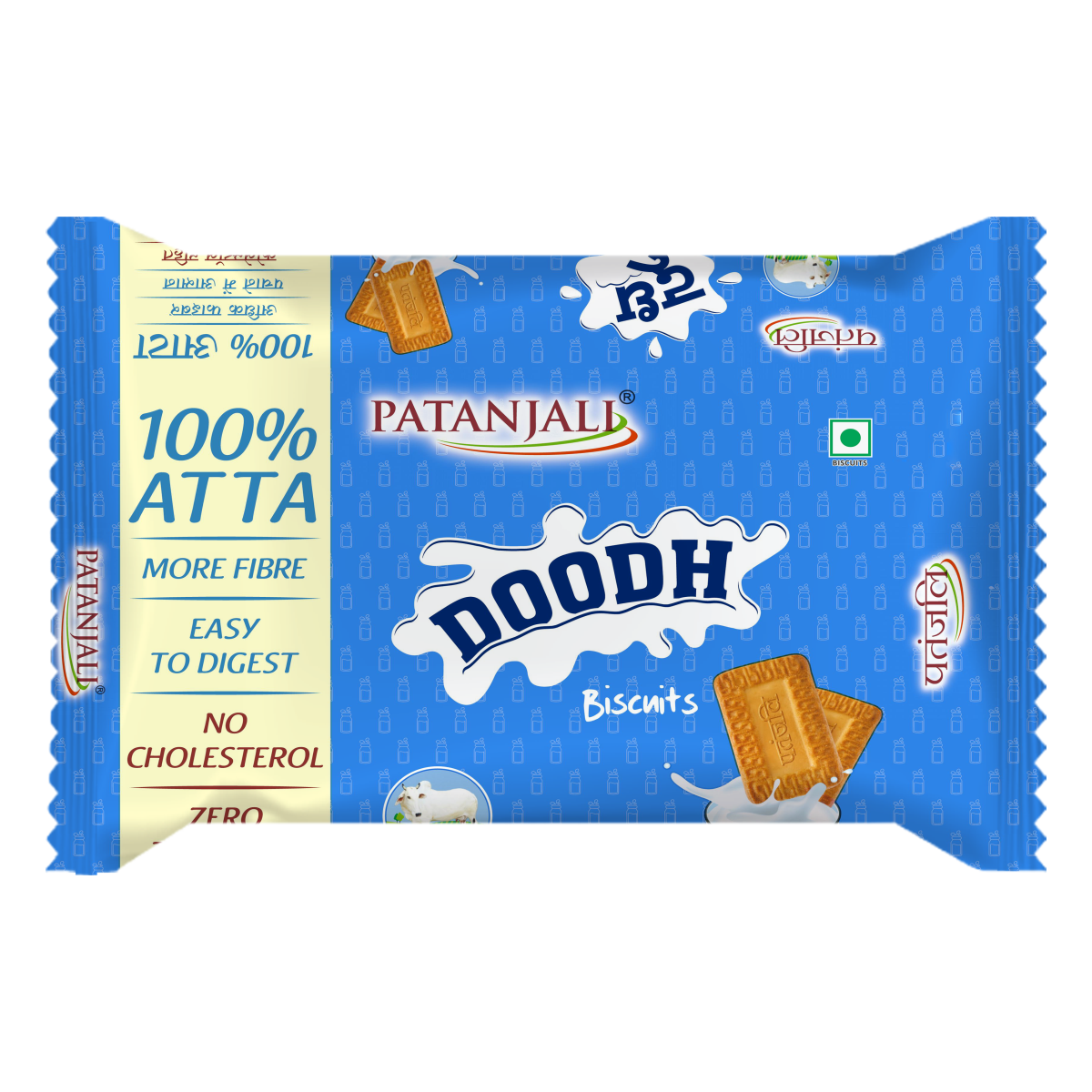 Pack of Patanjali whole wheat doodh biscuits with milk cookie branding