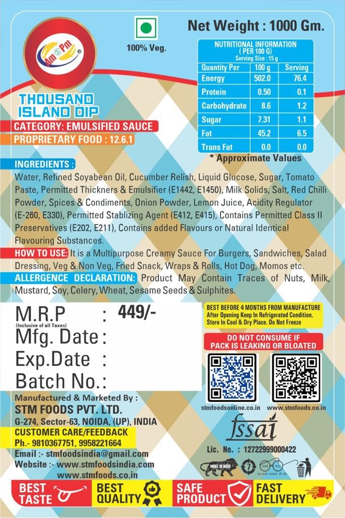 Am 2 Pm - Thousand Island Multipurpose Creamy Sauce For Burgers, Sandwiches Salad Dressing,Veg Non Veg Fried Snack Wraps & Rolls Hot Dog Momos - 1Kg – view 2