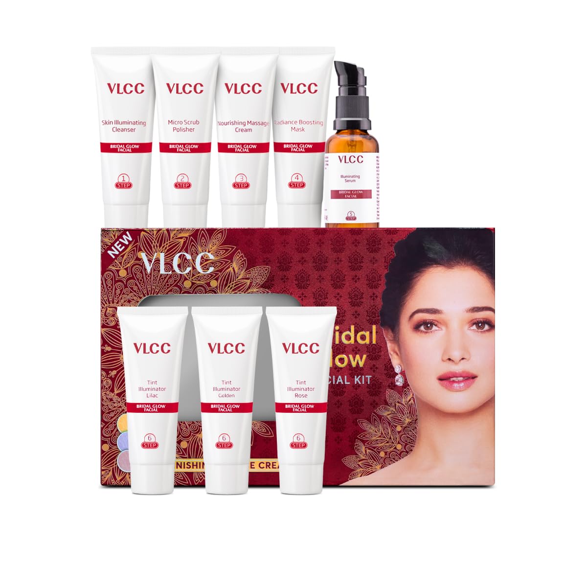 VLCC at-home facial kit pack with gold rose lilac illuminators