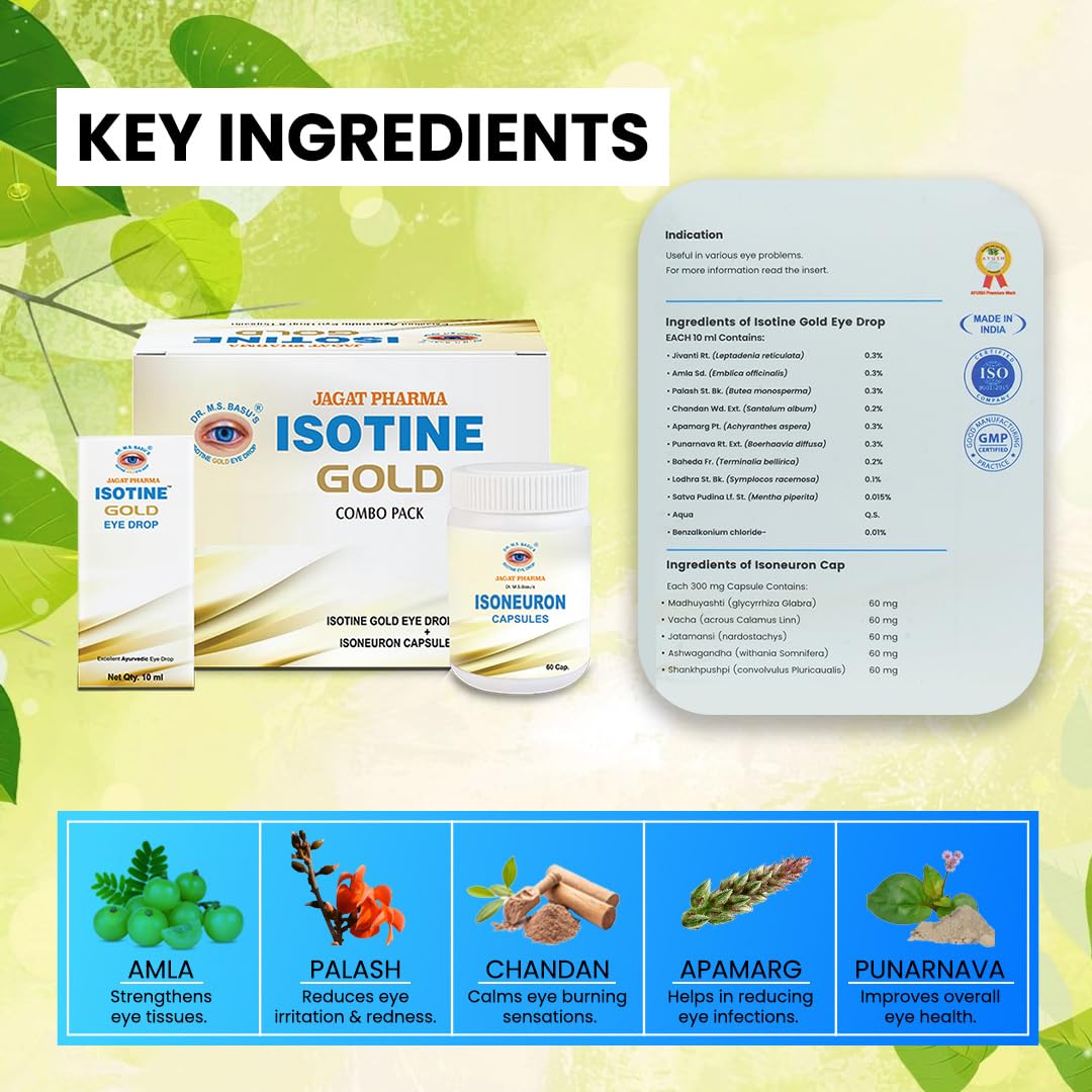 Isotine Gold Pack Eye Drops & ISO Neuron Capsules for Serious Eye Problems with Goodness of 15+ Ayurvedic herbs (10ml x 4 drops, 60 Caps). – view 5