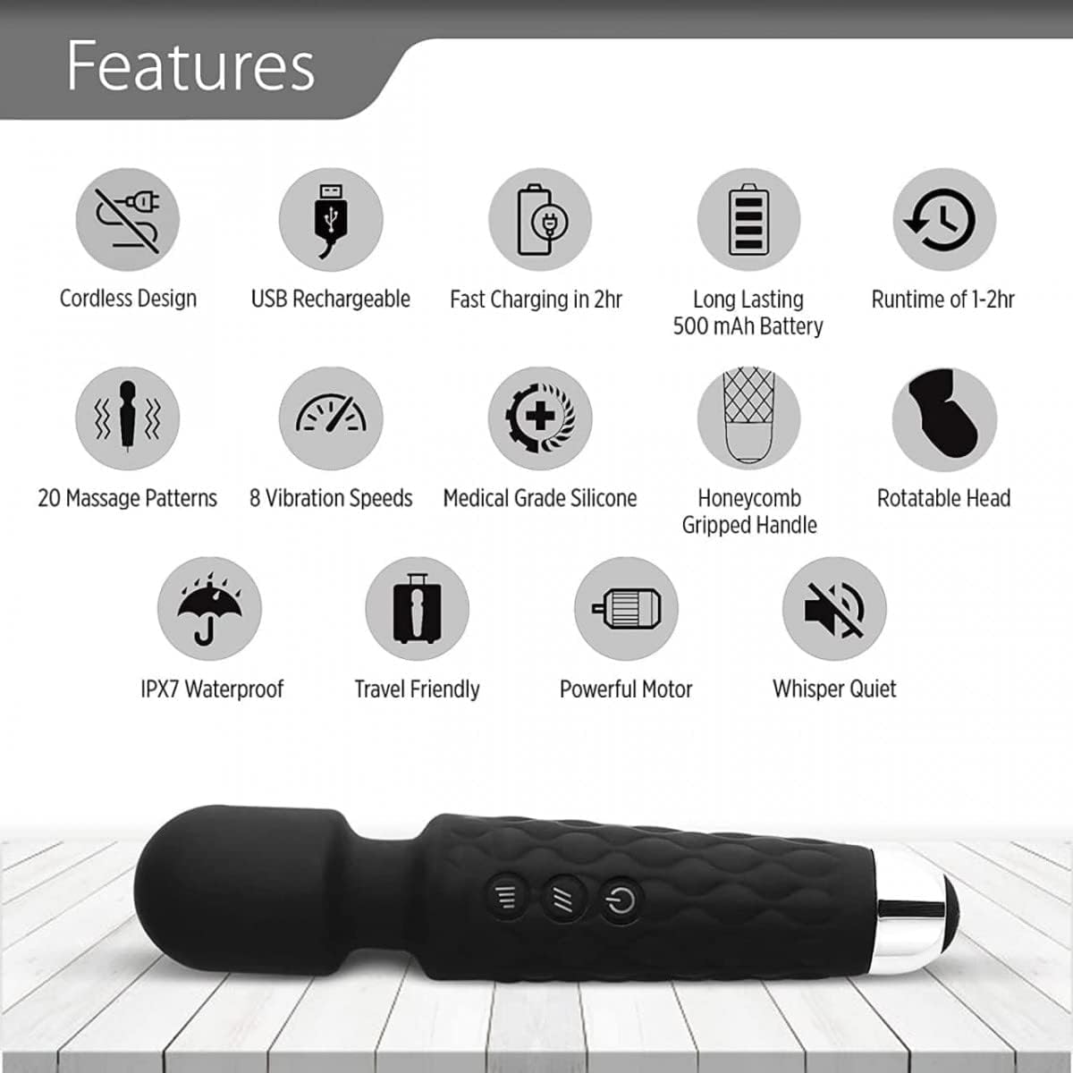 PIARA Full Body Massager for Women & Men, Rechargeable Wireless Massager Machine for Pain Relief, Handheld Massager with Medical Grade Silicone, 8 Speeds, 20 Modes (Assorted- Colour) – view 7