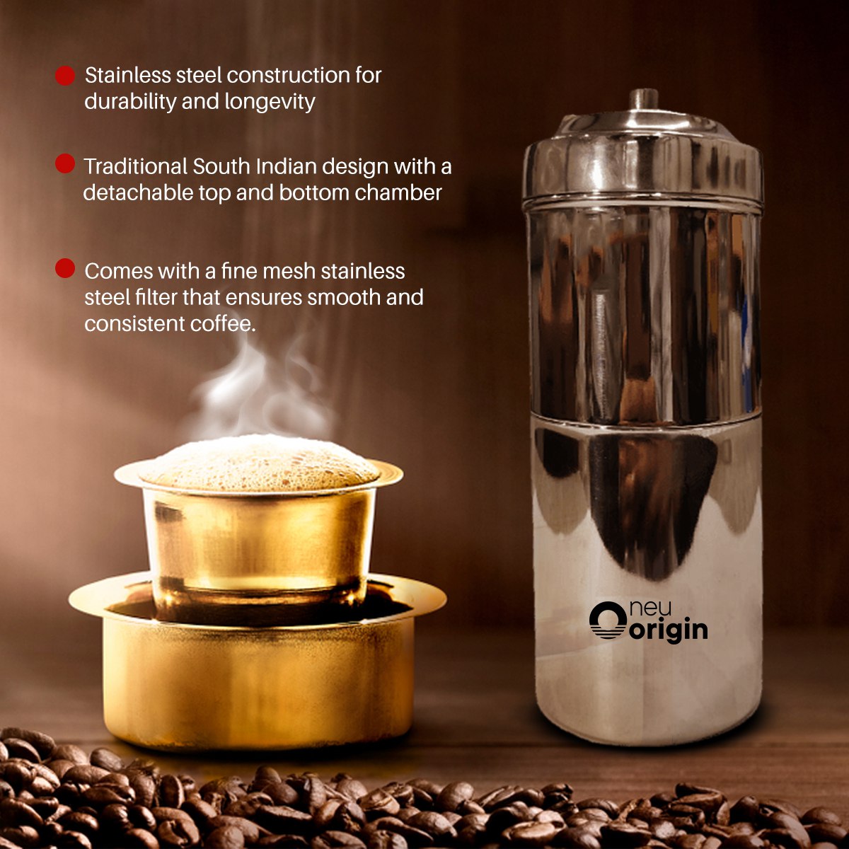 NeuOrigin Steel Filter Coffee Maker/South Indian Filter Coffee Maker/Traditional Coffee Maker/ 2-4 Cups of Coffee/Mysore Coffee Filter – view 4
