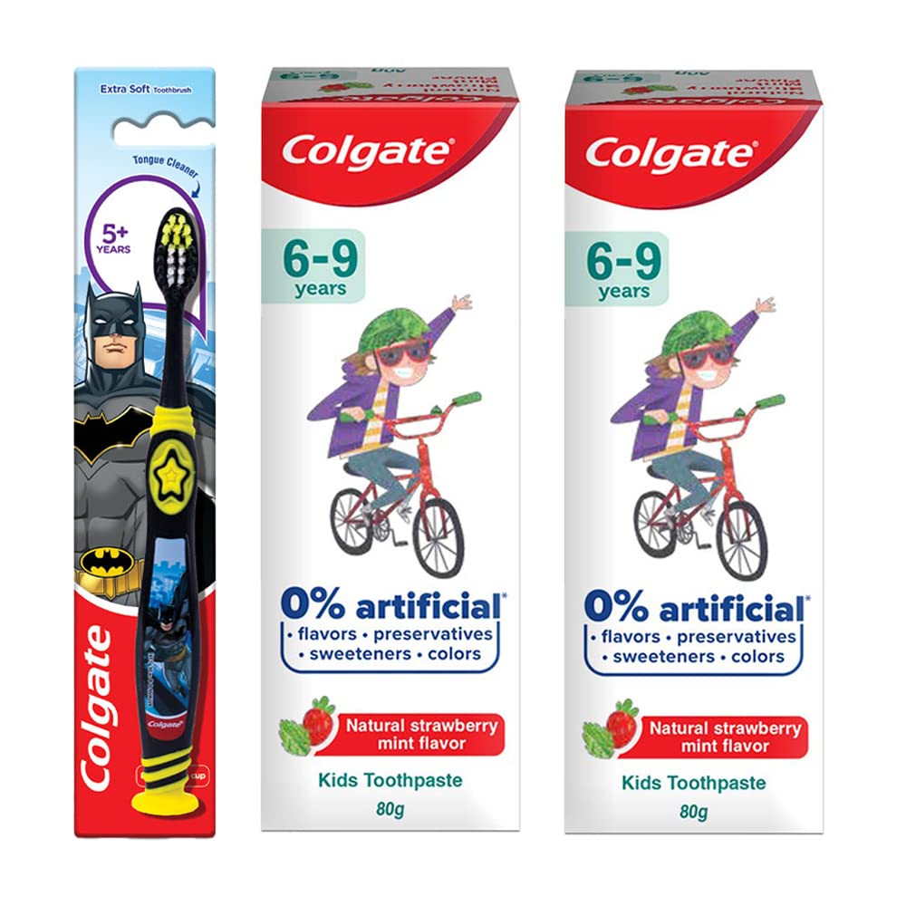 Kids toothpaste tubes with Batman extra soft toothbrush set