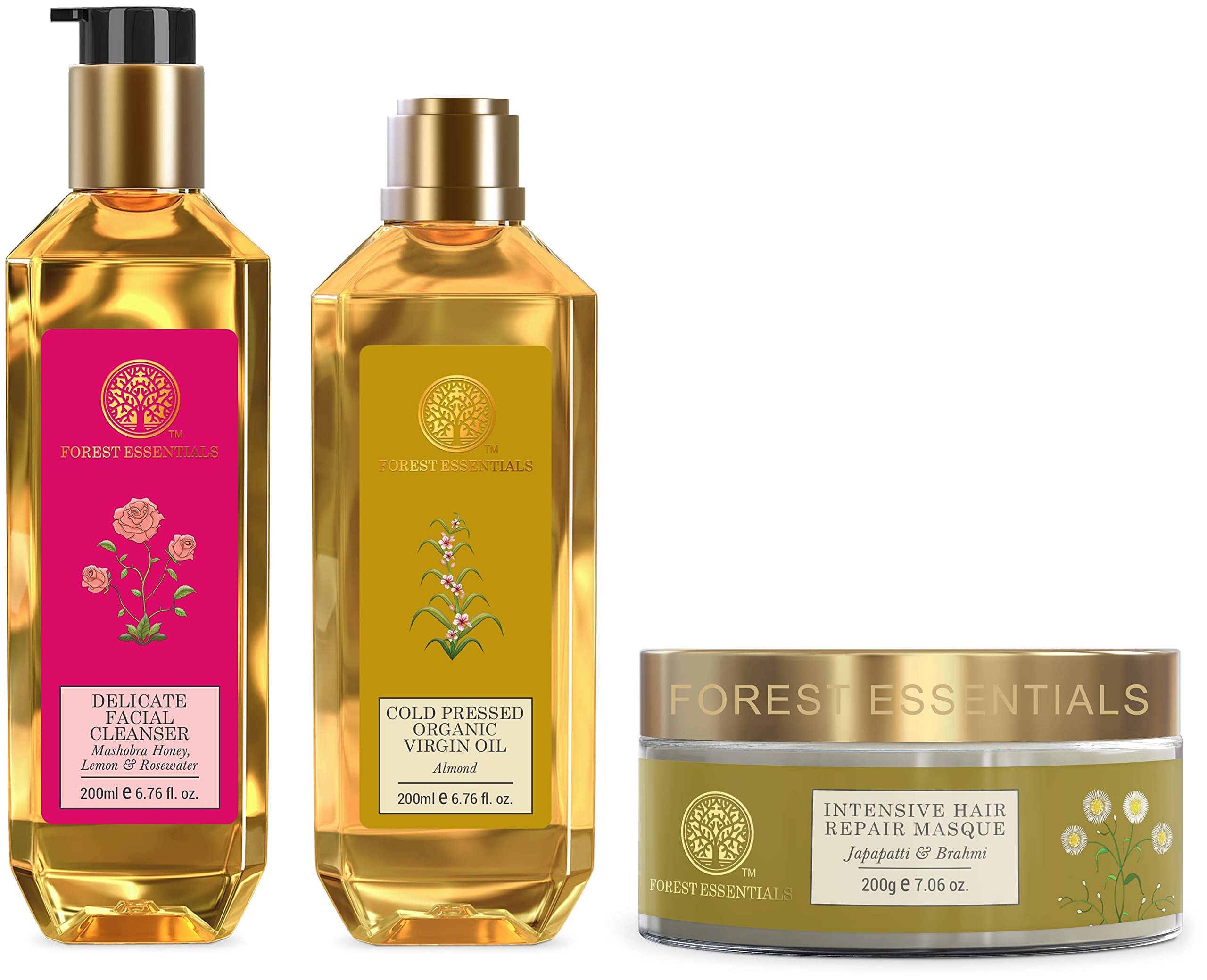 Forest Essentials Organic Cold Pressed Virgin Oil Almond 200ml & Mashobra Honey, Lemon and Rosewater Facial Cleanser, 200ml & Intensive Hair Repair Masque Japapatti & Brahmi 200g (Hair Mask)