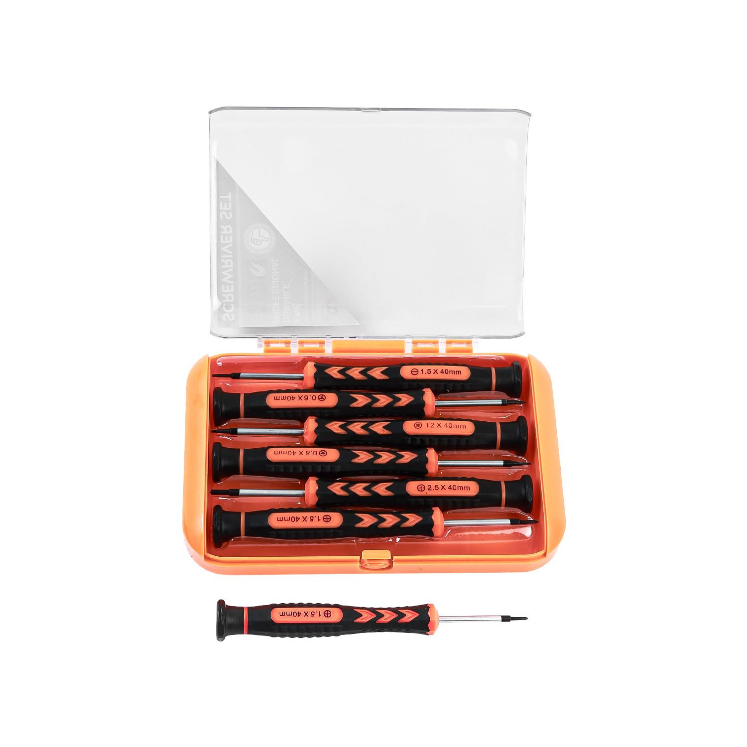 Six magnetic precision screwdrivers with orange handles for small repairs