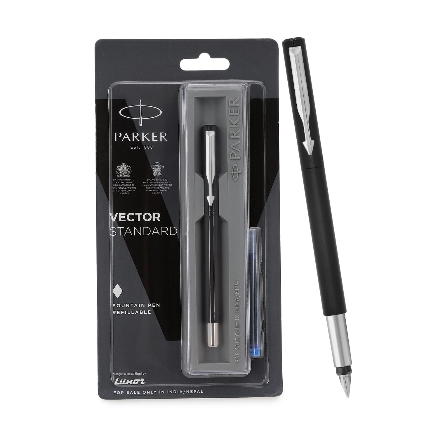 Black Parker Vector fountain pen with chrome trim and fine nib