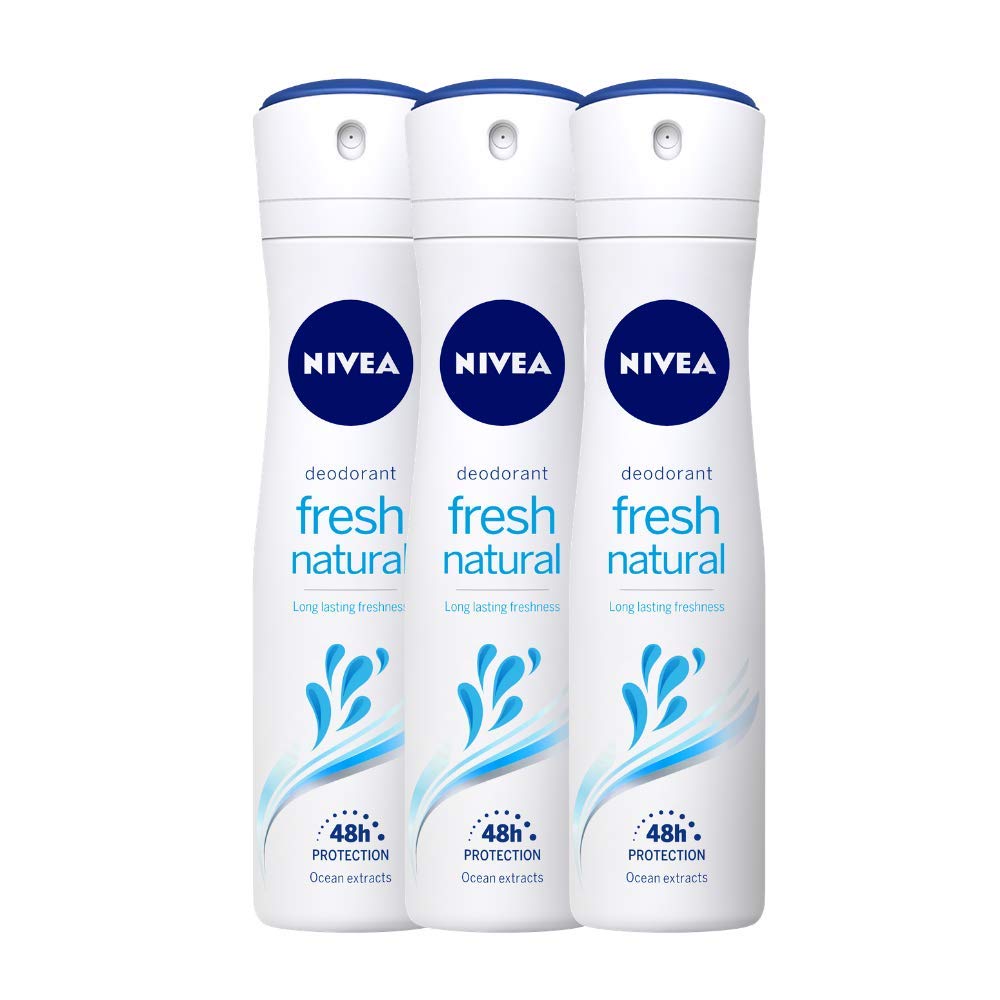 Three cans of Nivea Fresh Natural women's deodorant spray