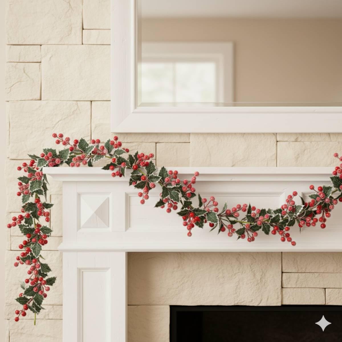 Artificial Christmas garland with red berries and green holly foliage