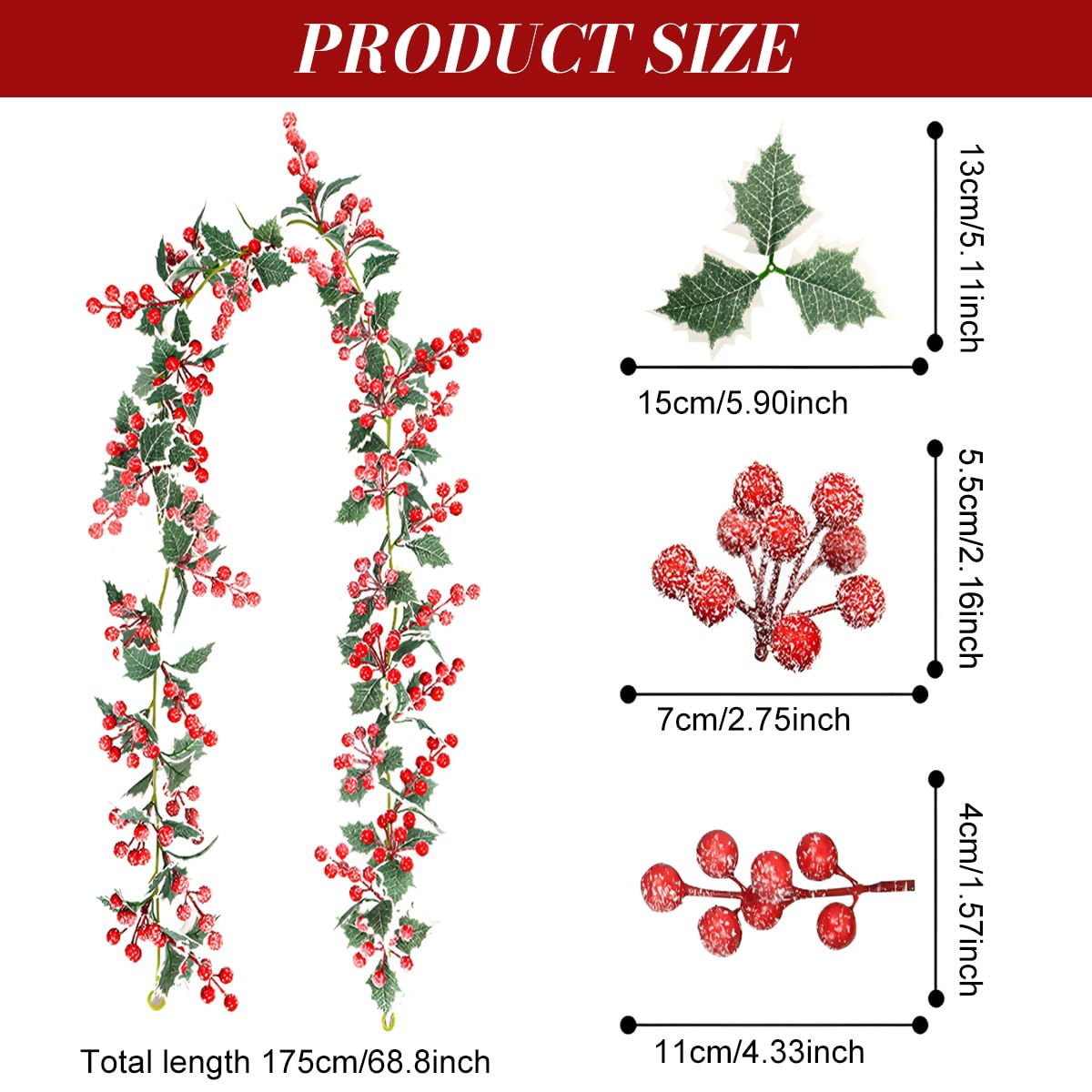 HASTHIP Frosted Red Christmas Berry Garland, Artificial Holiday Hanging Garlands Christmas Vine with Green Holly Leaves Xmas Greenery Rattan for Stairs Wall Fireplace Mantel Decor – view 2