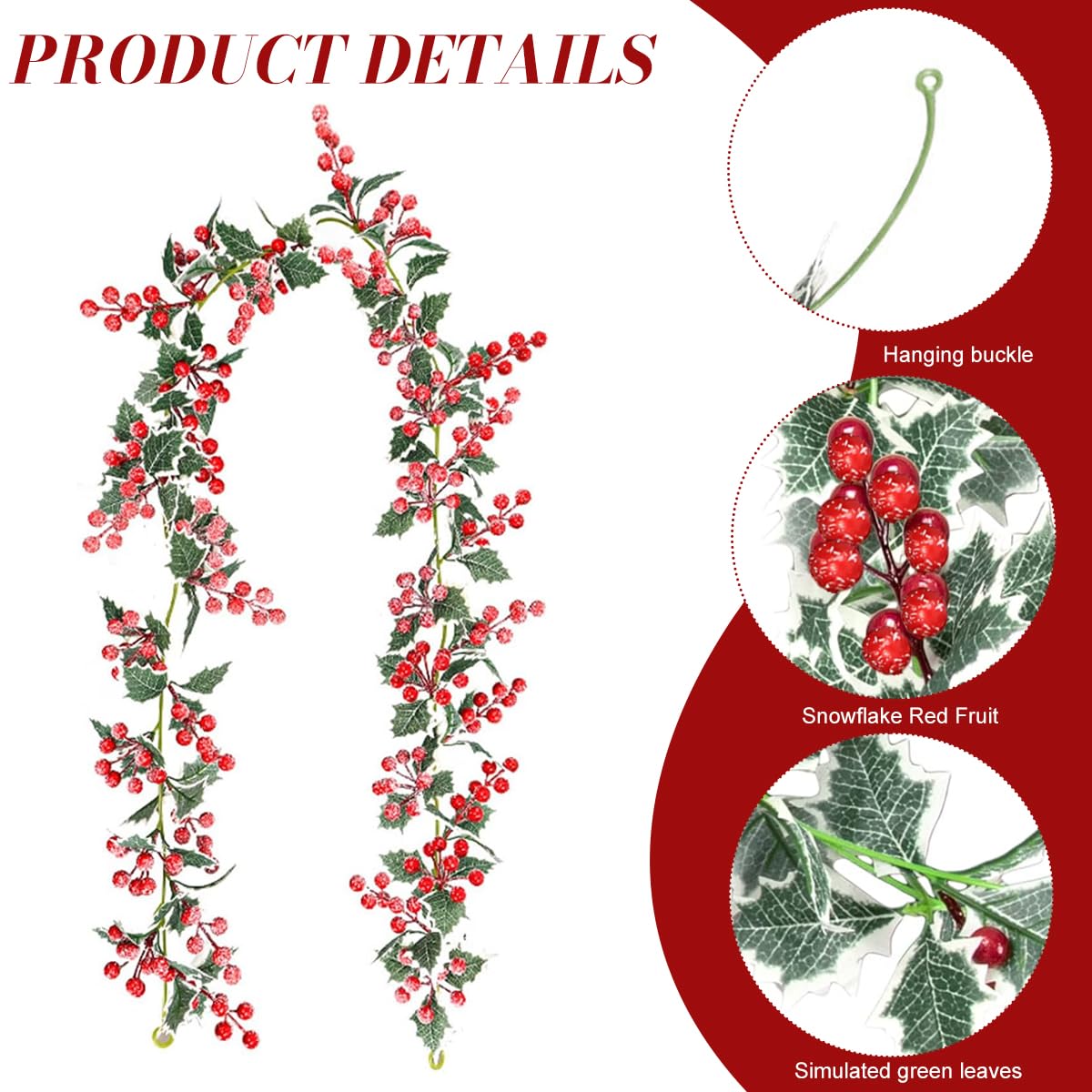 HASTHIP Frosted Red Christmas Berry Garland, Artificial Holiday Hanging Garlands Christmas Vine with Green Holly Leaves Xmas Greenery Rattan for Stairs Wall Fireplace Mantel Decor – view 3