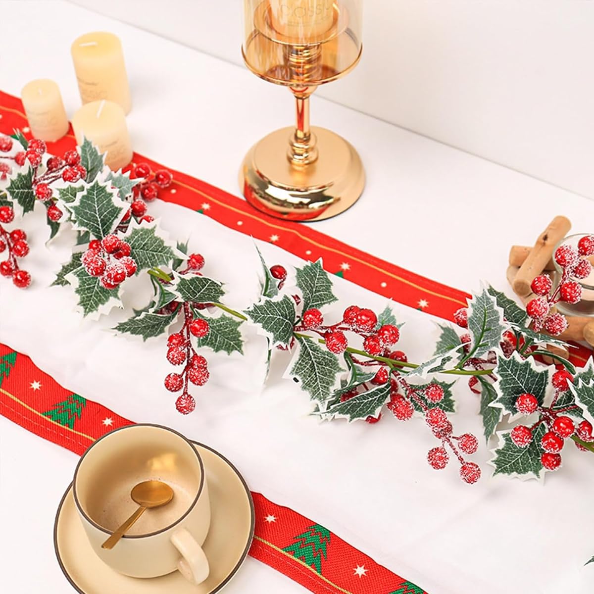 HASTHIP Frosted Red Christmas Berry Garland, Artificial Holiday Hanging Garlands Christmas Vine with Green Holly Leaves Xmas Greenery Rattan for Stairs Wall Fireplace Mantel Decor – view 4