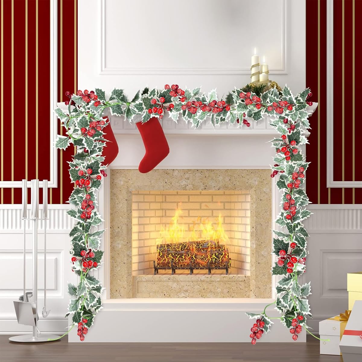 HASTHIP Frosted Red Christmas Berry Garland, Artificial Holiday Hanging Garlands Christmas Vine with Green Holly Leaves Xmas Greenery Rattan for Stairs Wall Fireplace Mantel Decor – view 5