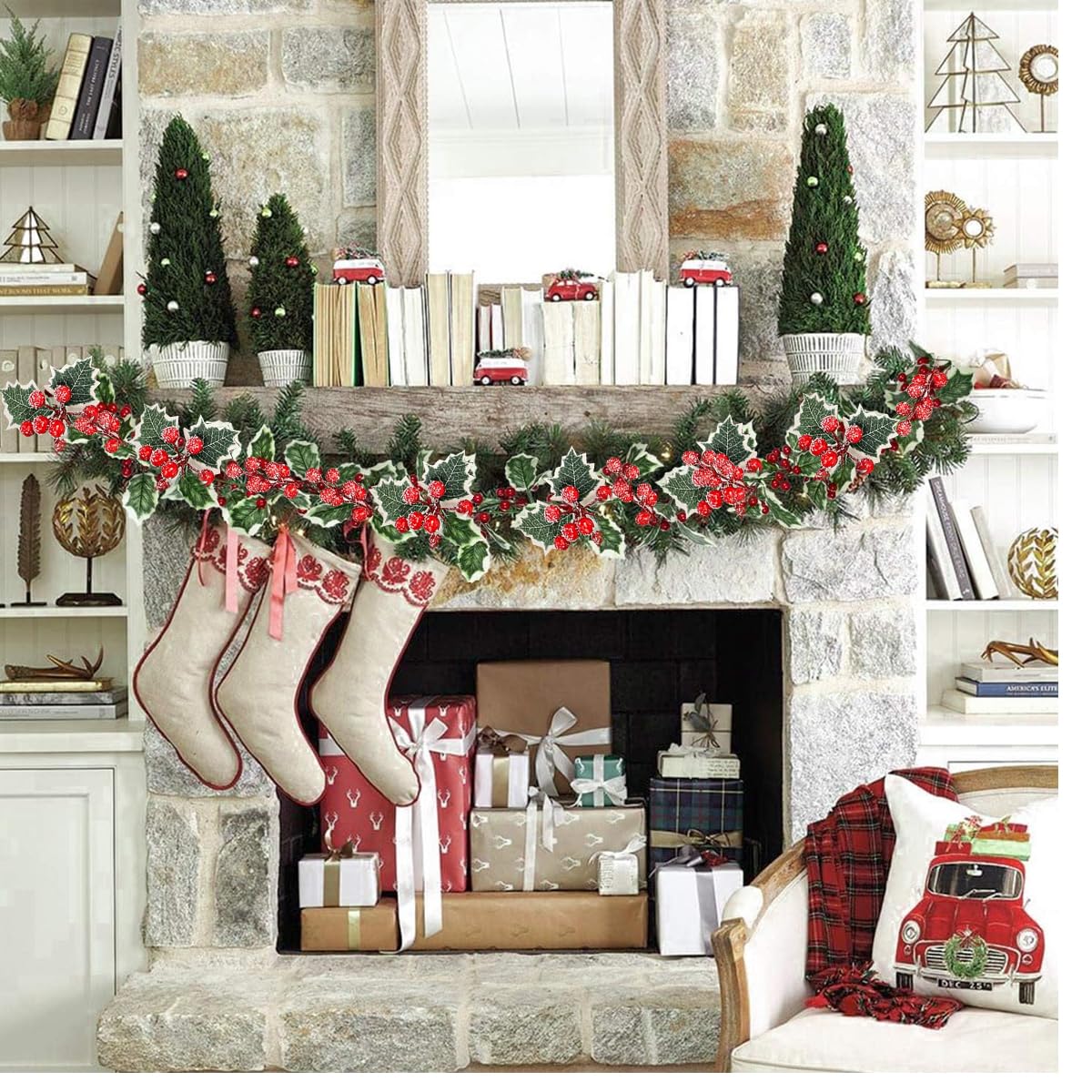 HASTHIP Frosted Red Christmas Berry Garland, Artificial Holiday Hanging Garlands Christmas Vine with Green Holly Leaves Xmas Greenery Rattan for Stairs Wall Fireplace Mantel Decor – view 7