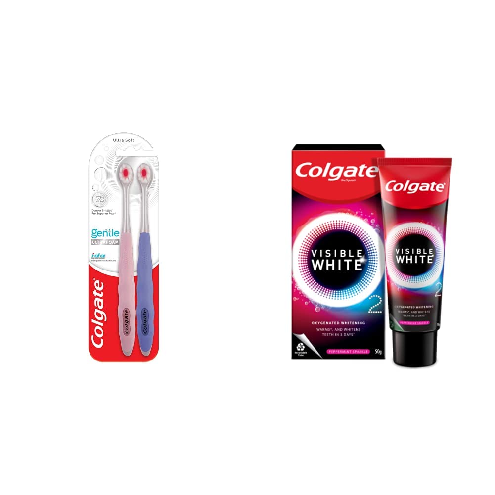 Colgate Gentle Ultrafoam brushes and Visible White O2 toothpaste set