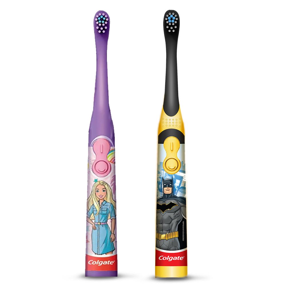 Batman and Barbie themed Colgate kids battery toothbrush pair