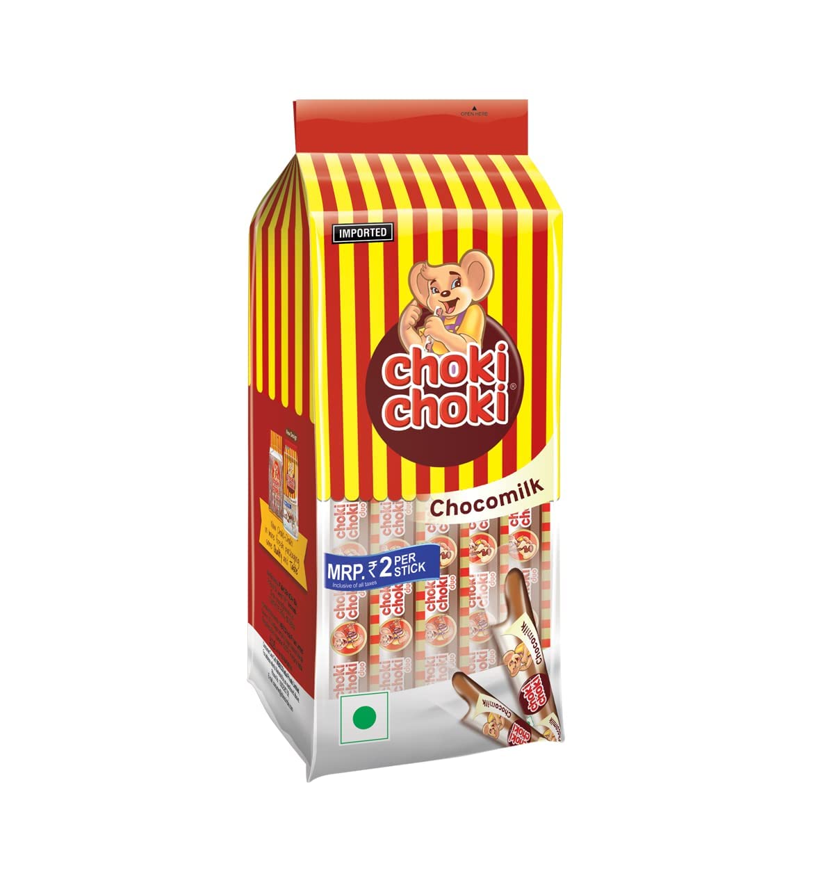 Front view of Choki Choki Chocomilk pouch chocolate milk sticks