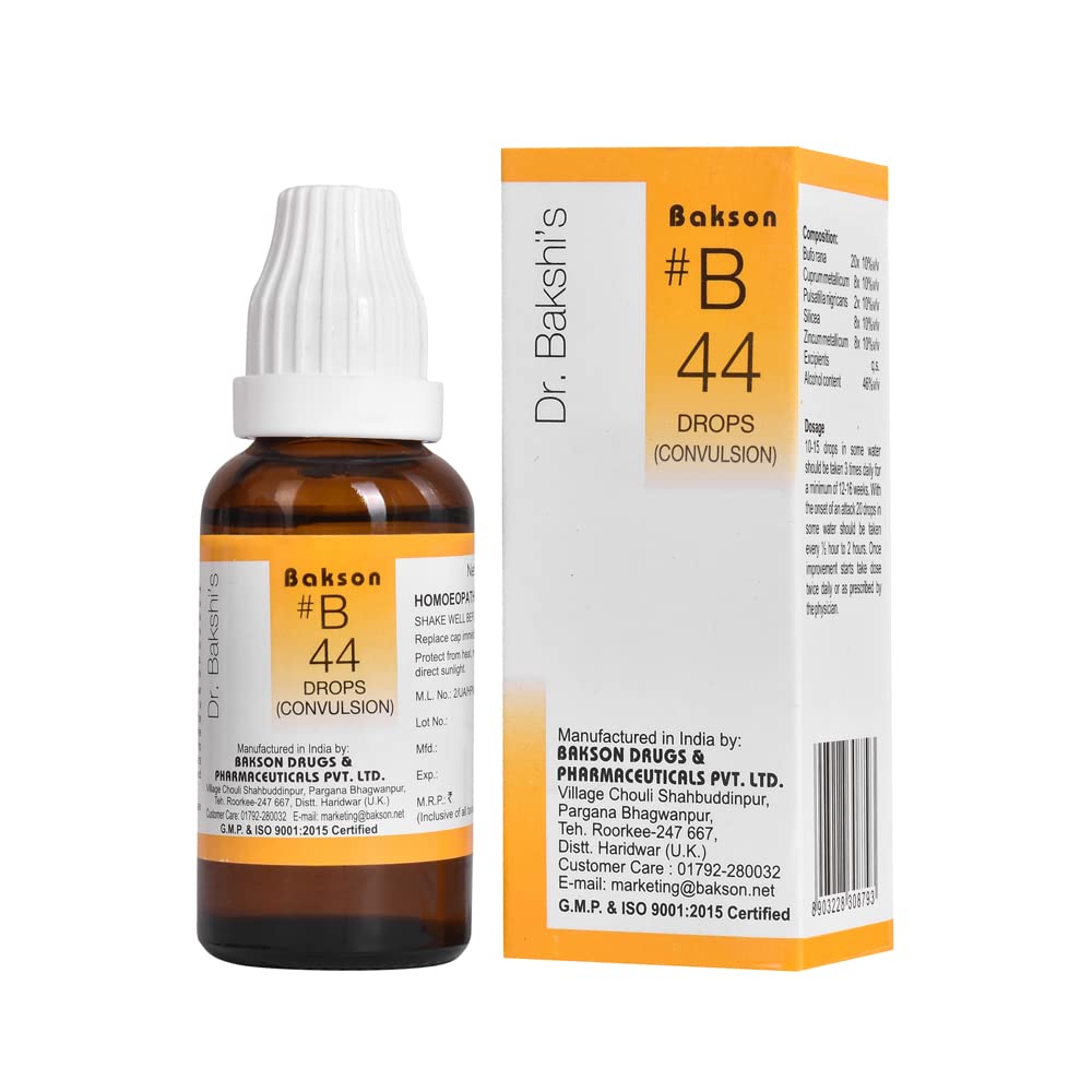 Front view of Bakson's B 44 Convulsion Drops 30 ml pack