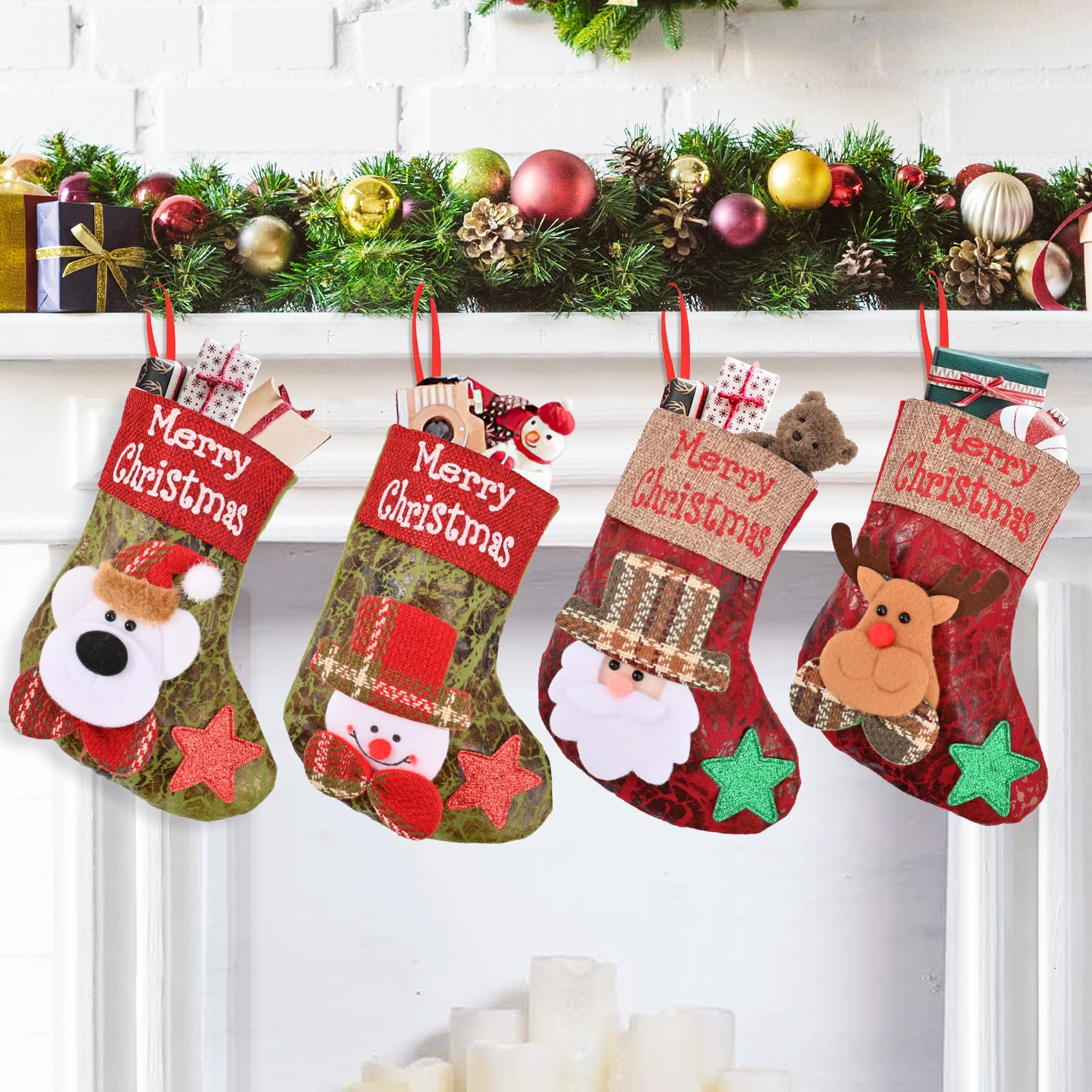 Set of four hanging Christmas stockings for tree and wall decor