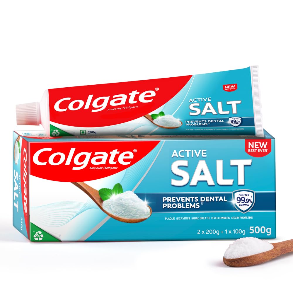 Three-tube Colgate Active Salt toothpaste pack in 500g total size
