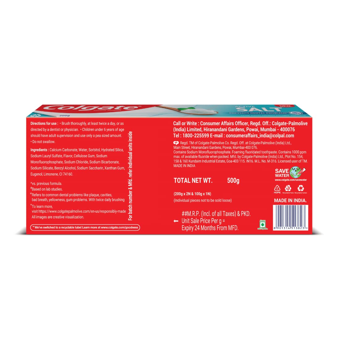 Colgate Active Salt Toothpaste, Germ Fighting Toothpaste for Healthy Gums and Teeth, 500gm (200g X 2 and 100g X 1) – view 7