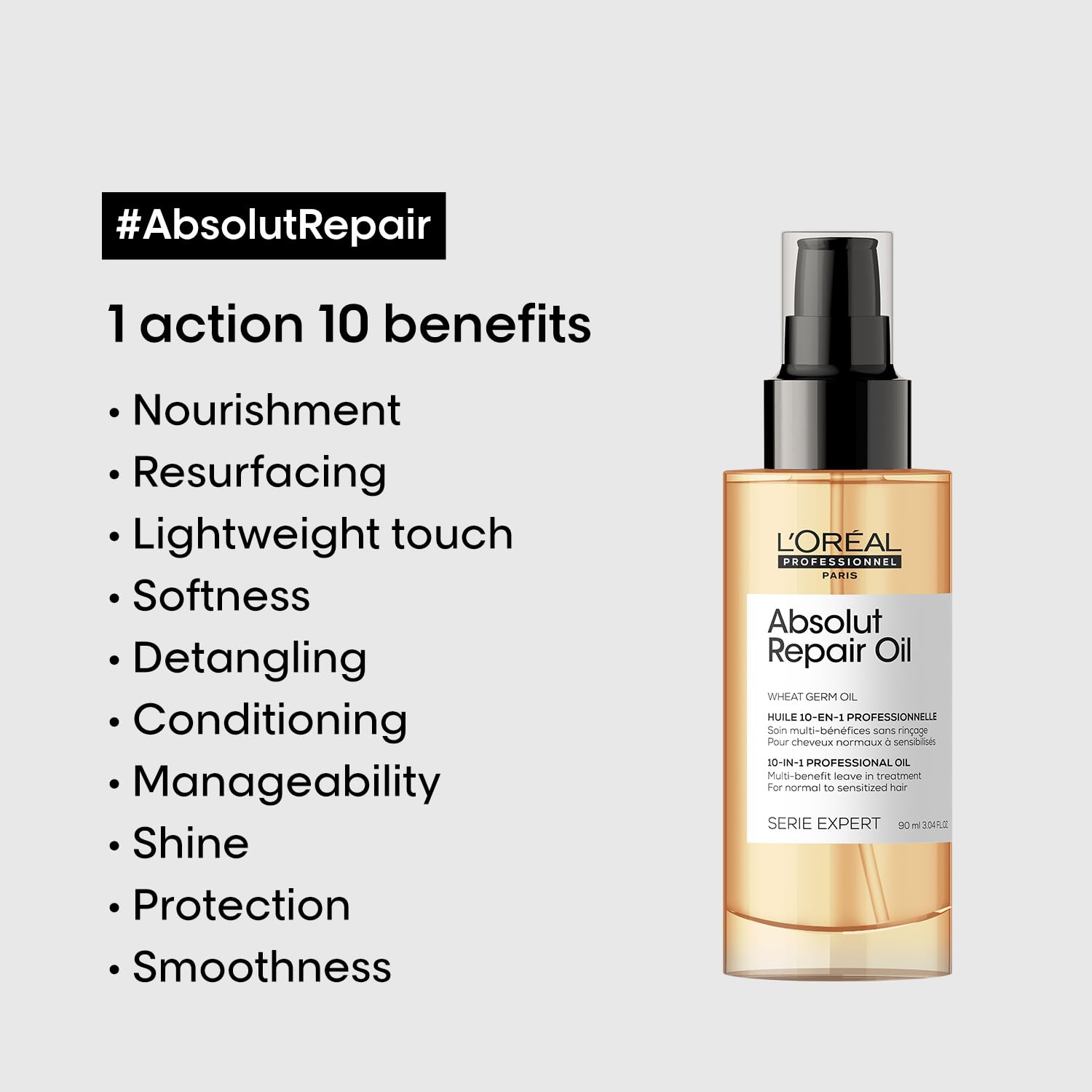 L'OREAL PROFESSIONNEL PARIS Absolut Repair Hair Oil For Dry & Damaged Hair, 90ml 10-In-1 Multi-Benefit Leave-In Hair Oil With Wheat Germ Oil – view 3