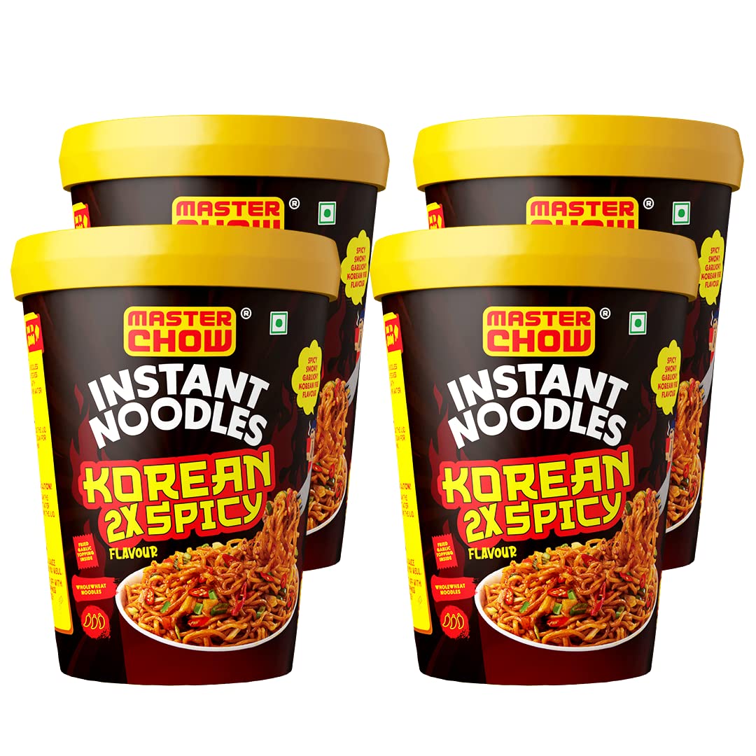 Four MasterChow Korean 2X spicy noodle cups in pack
