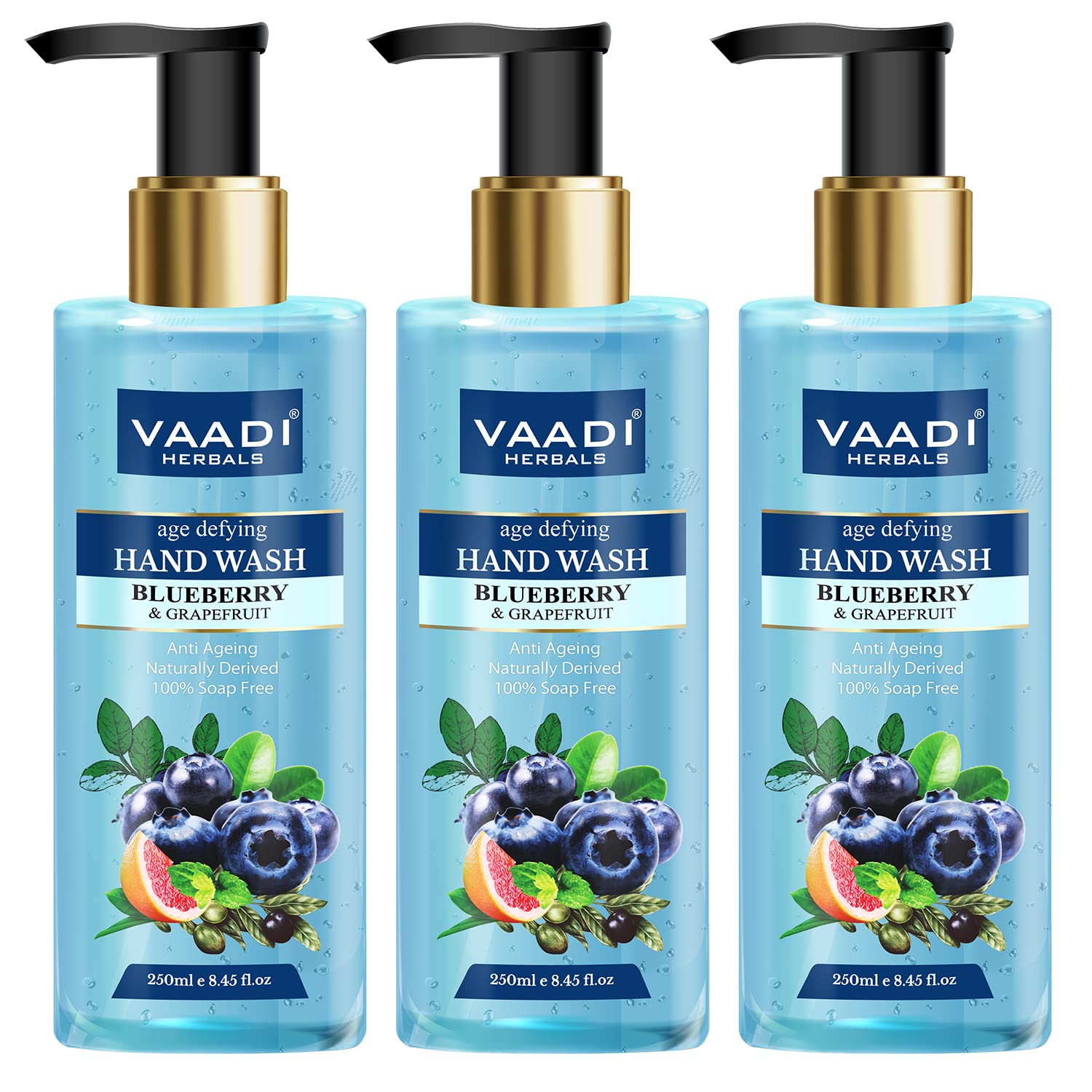 Three 250 ml Vaadi Herbals blueberry grapefruit hand wash bottles