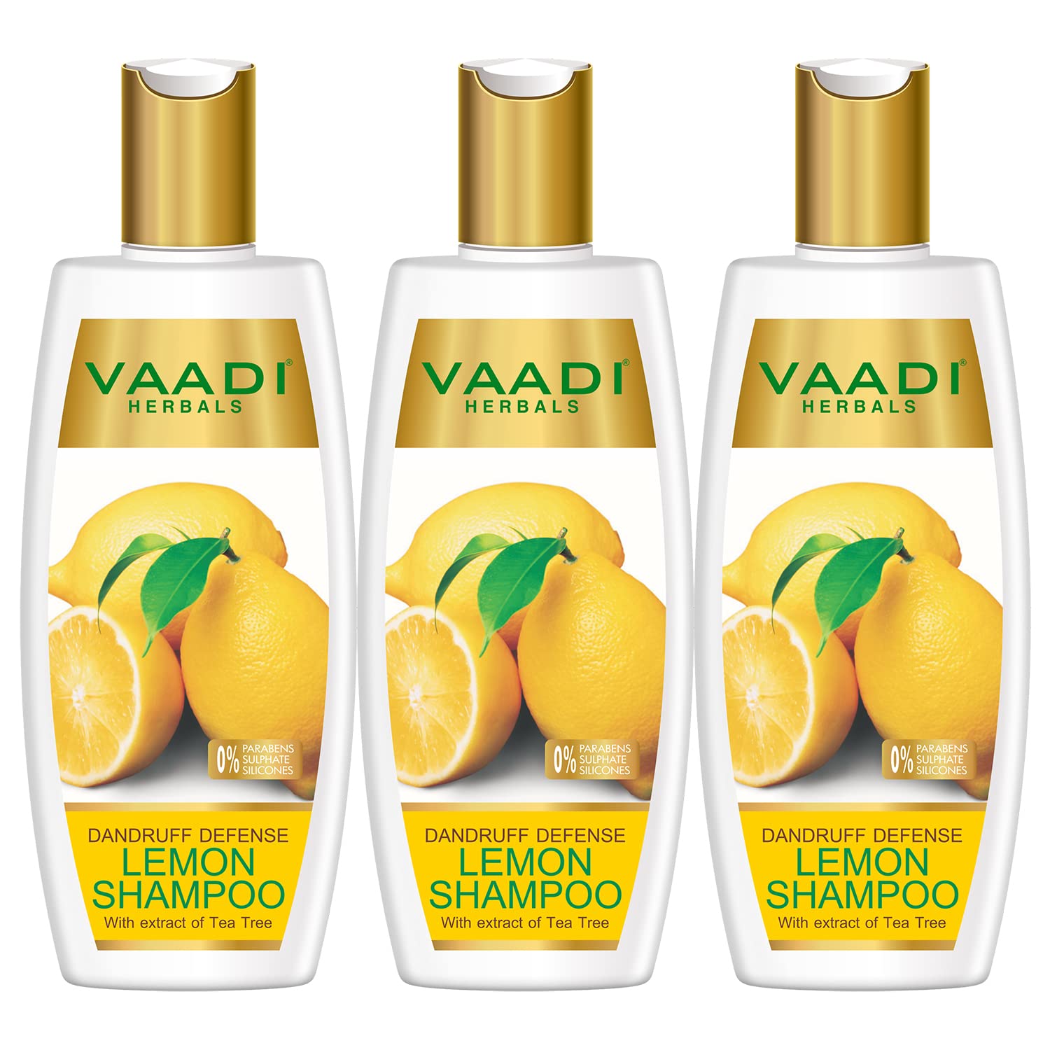 Three bottles of Vaadi Herbals lemon dandruff defense shampoo