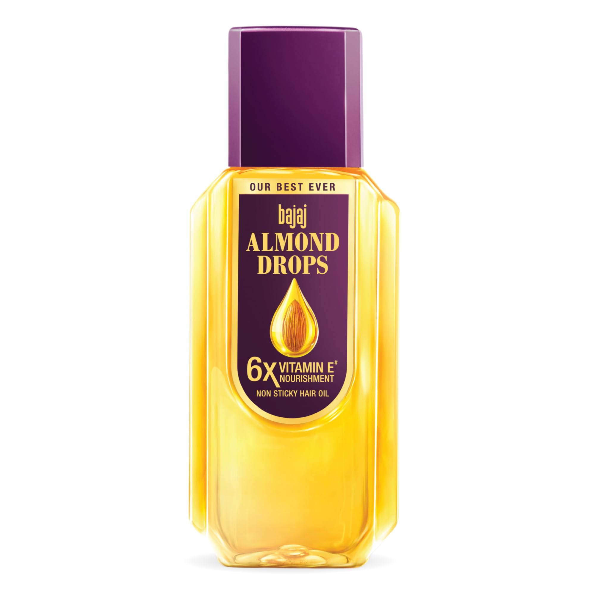 Front view of Bajaj Almond Drops 285 ml hair oil bottle