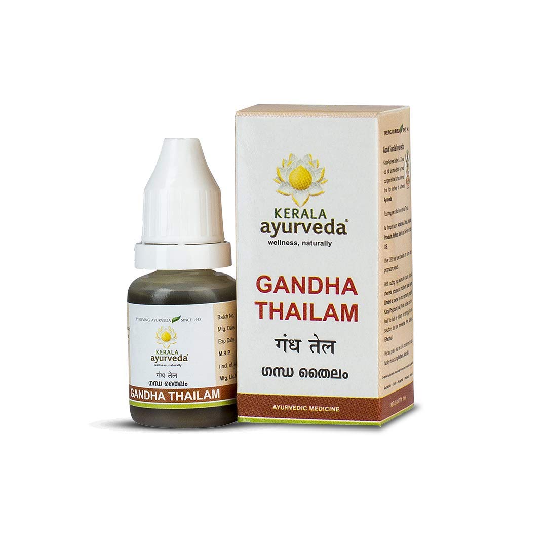 Three Kerala Ayurveda Gandha Thailam 10 ml bottles front view