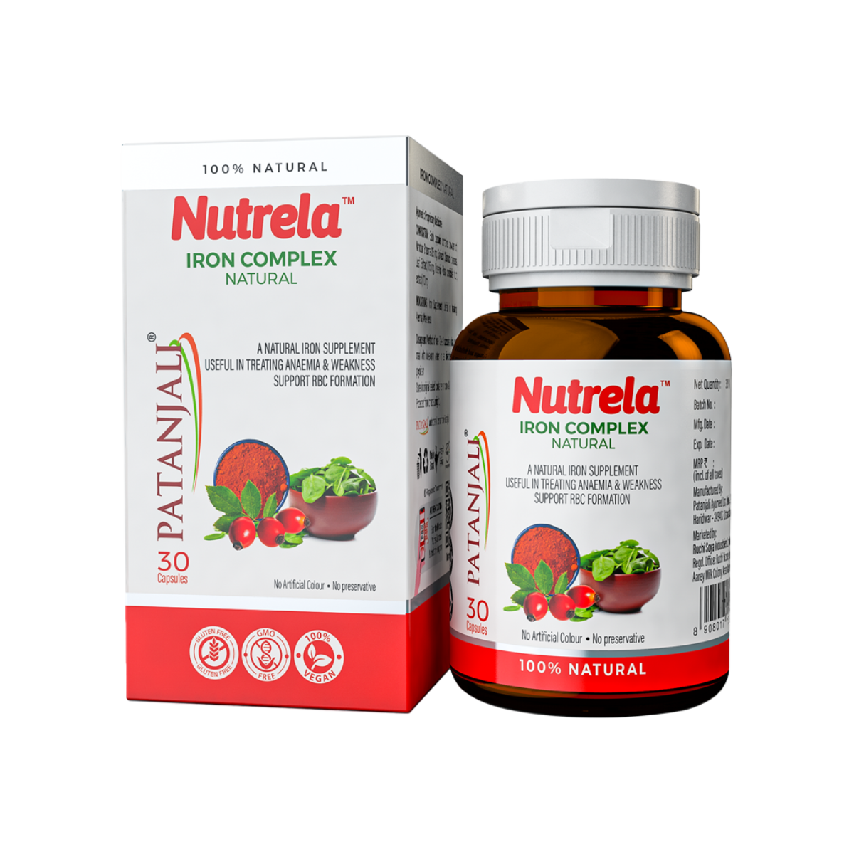 Front pack of Nutrela Iron Complex vegetarian capsules 30 count
