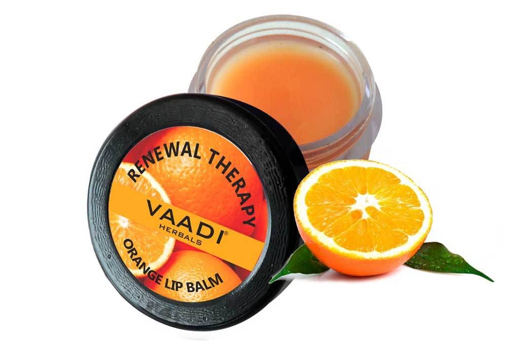 Orange lip balm jar from Vaadi Herbals with shea butter