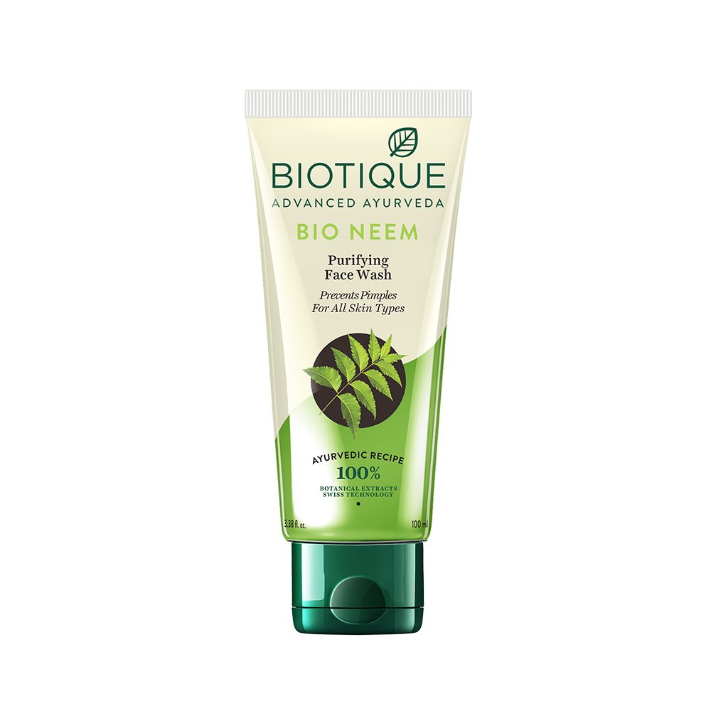 Green tube of Biotique neem face wash for pimple control