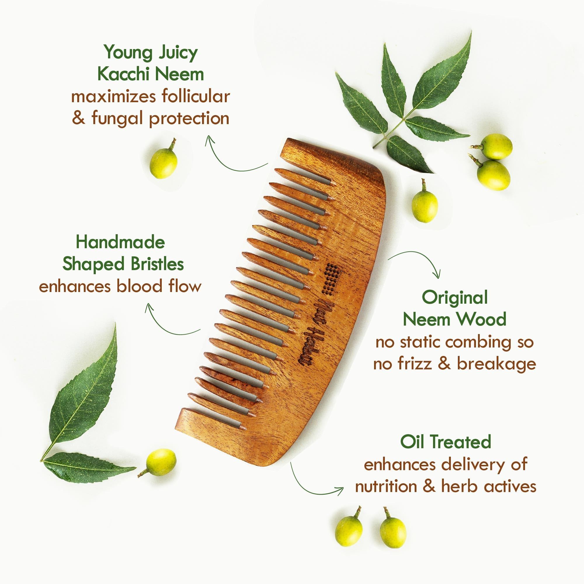 Nat Habit Kacchi Neem Wooden Bounce Comb Soaked In 13 Herbs, Neem & Sesame Oil - For Voluminous Hair, Gentle Detangling & Styling (Wide Tooth) Pack of 1 – view 3