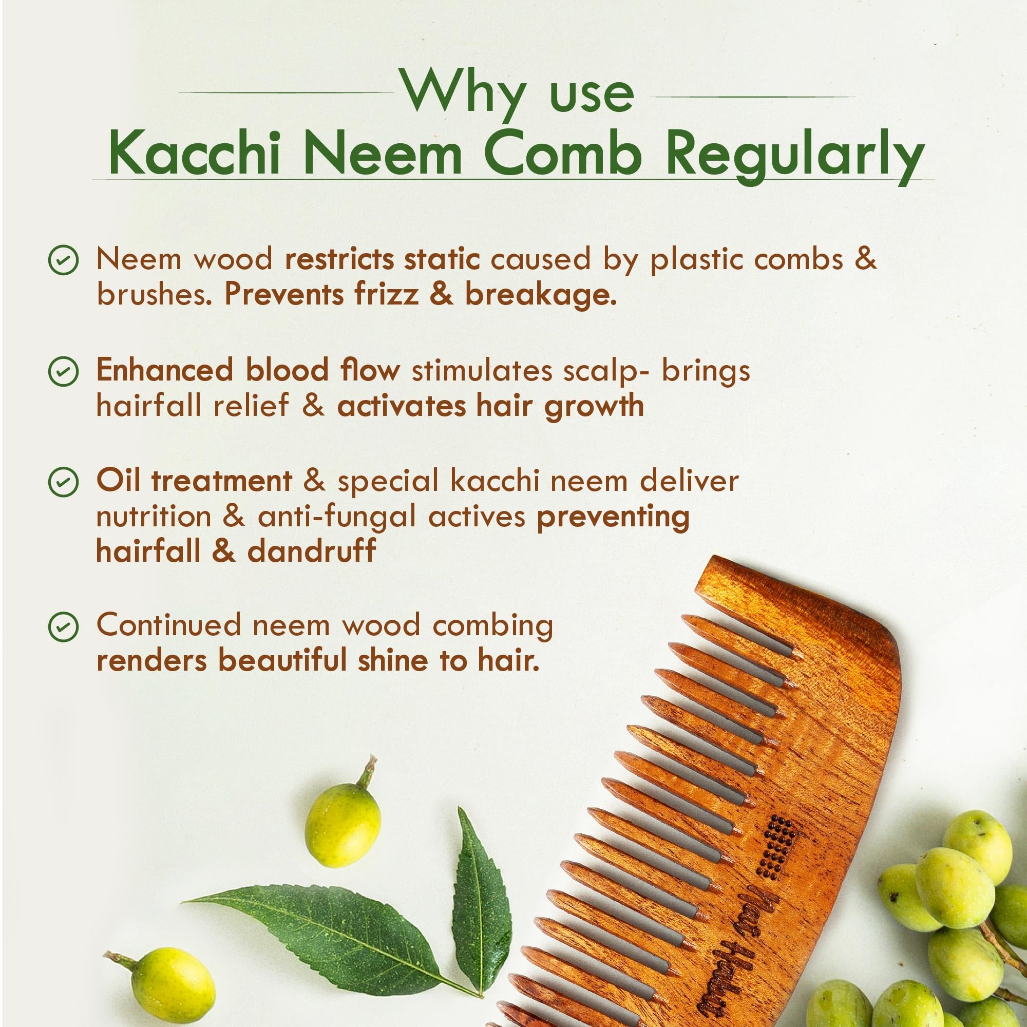 Nat Habit Kacchi Neem Wooden Bounce Comb Soaked In 13 Herbs, Neem & Sesame Oil - For Voluminous Hair, Gentle Detangling & Styling (Wide Tooth) Pack of 1 – view 5