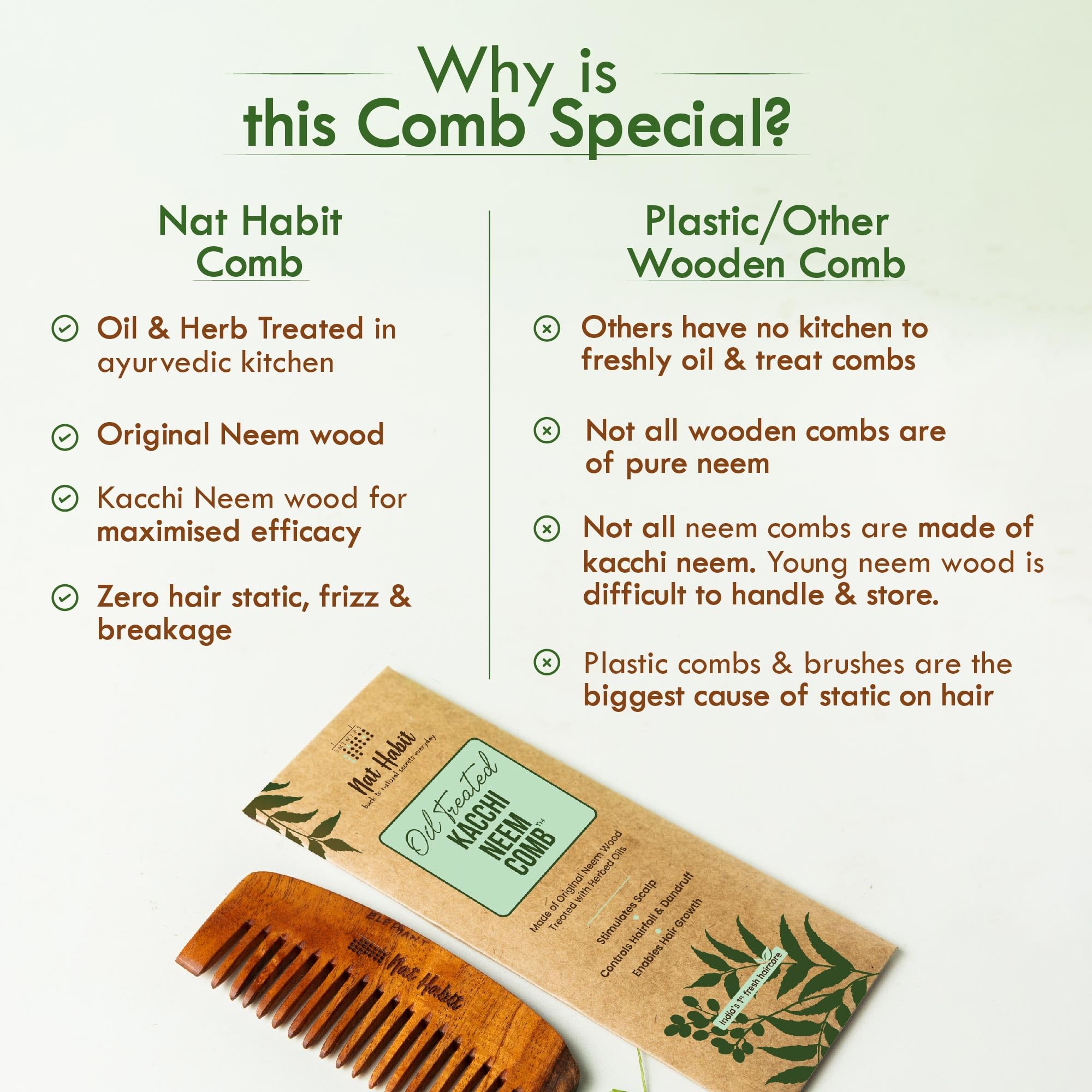 Nat Habit Kacchi Neem Wooden Bounce Comb Soaked In 13 Herbs, Neem & Sesame Oil - For Voluminous Hair, Gentle Detangling & Styling (Wide Tooth) Pack of 1 – view 6