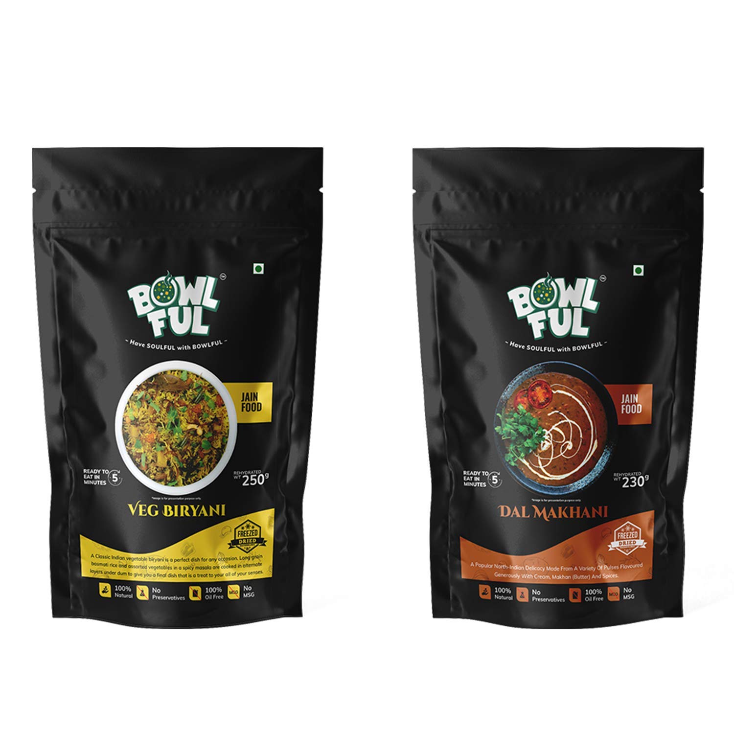 Bowlful Jain Hyderabadi Meal Combo of 100% Natural Jain Dal Makhani and Jain Veg Biryani Ready to Eat Freeze Dried Food