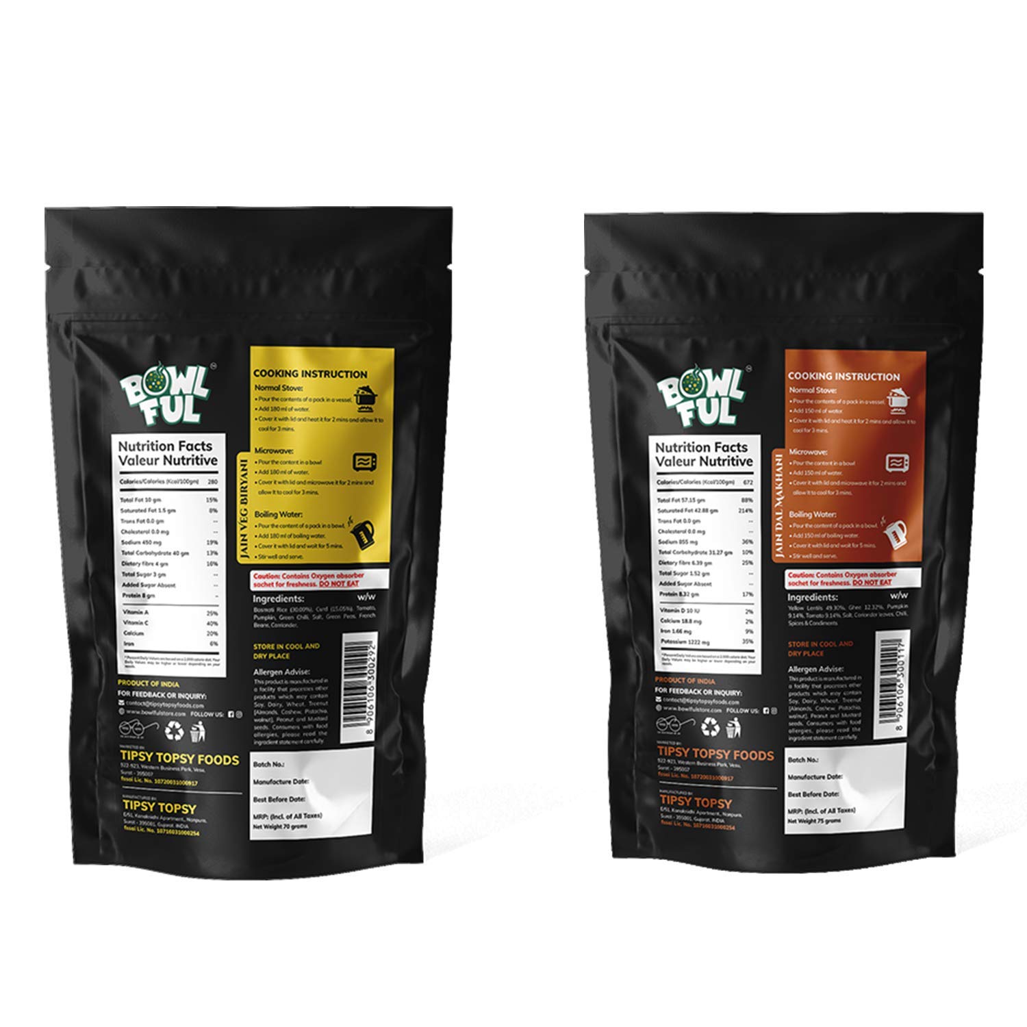 Bowlful Jain Hyderabadi Meal Combo of 100% Natural Jain Dal Makhani and Jain Veg Biryani Ready to Eat Freeze Dried Food – view 2