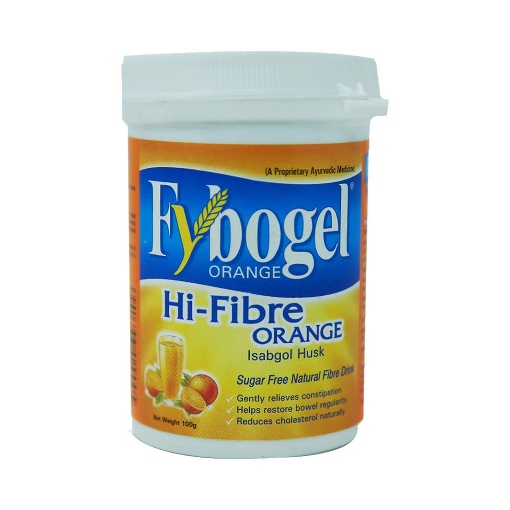 100g bottle of Fybogel orange hi-fibre isabgol husk