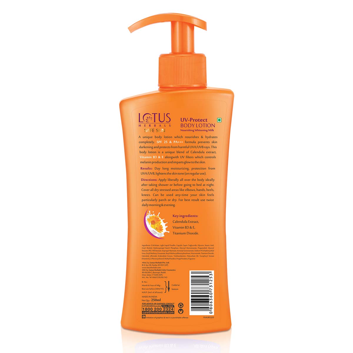 Lotus Herbals Safe Sun UV Protect Body Lotion SPF 25 PA+++ Calendula Normal to Dry skin 250ml,White – view 2